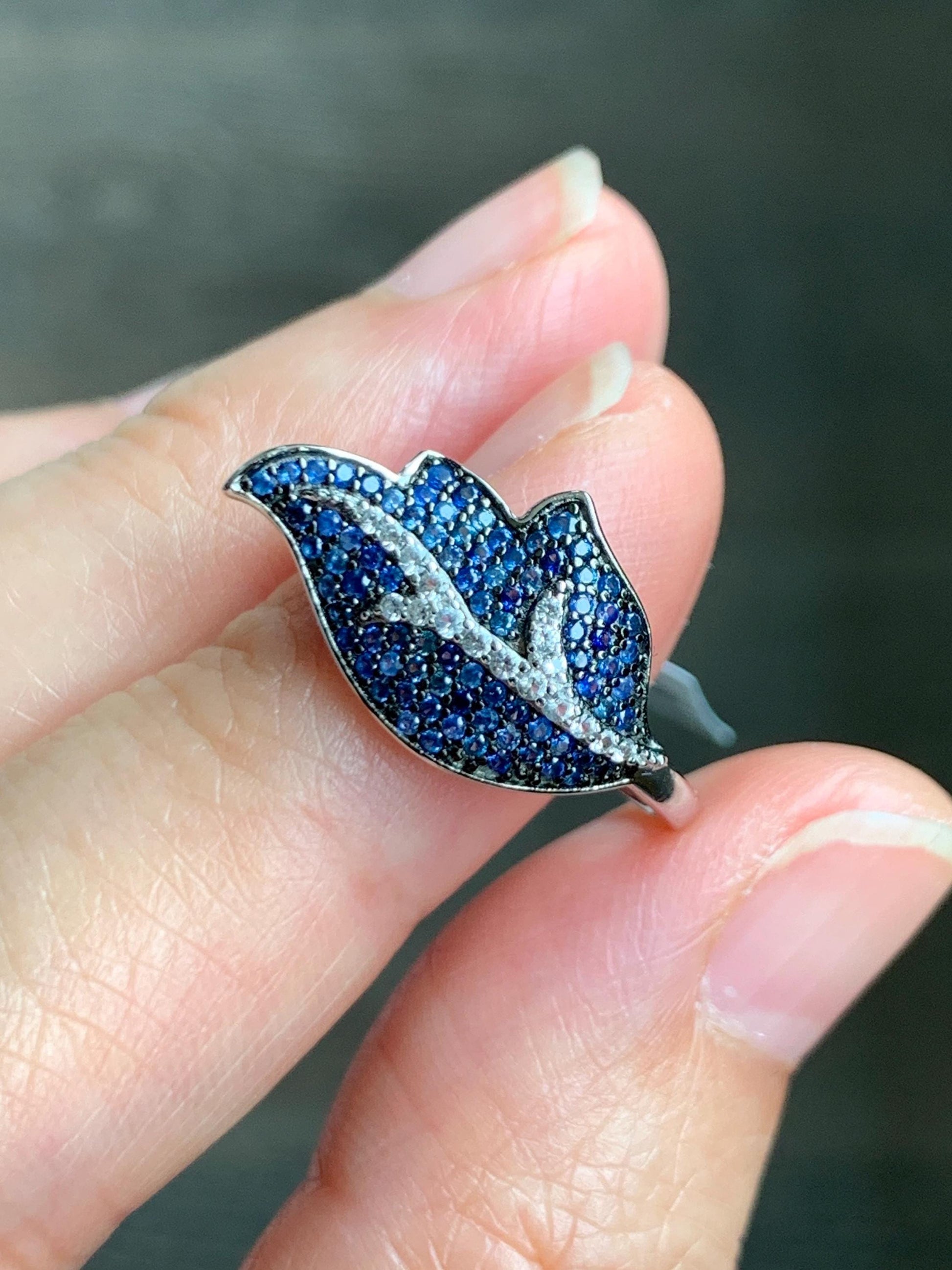 Natural Genuine Sapphire Untreated Blue Sapphire Cluster Leaf Ring S925 Sterling Silver Size 6.75 US 3g Blue Sapphire Ring 881