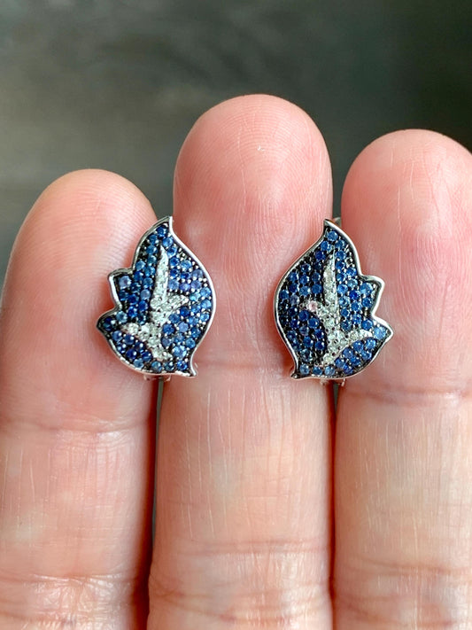 Natural Genuine Sapphire Untreated Blue Sapphire Cluster Leaf Earrings S925 Sterling Silver English Lock 4g Blue Sapphire Earrings 881-E
