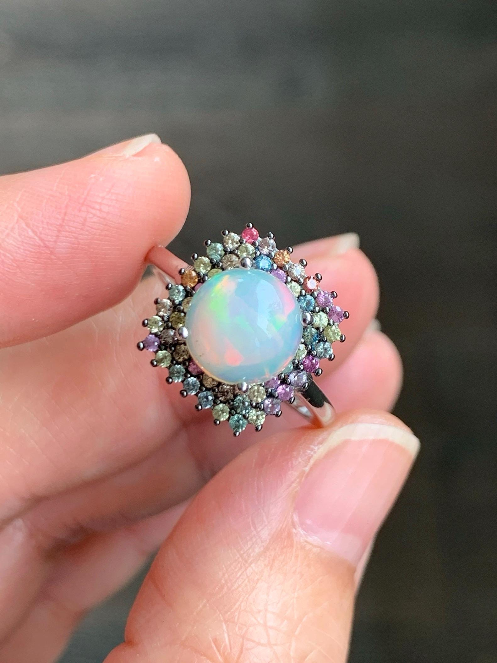 Natural Genuine Sapphire Multicolored Rainbow Sapphire Natural Ethiopian Opal Ring S925 Sterling Silver Size 8 US 4g Sapphire Opal Ring 435
