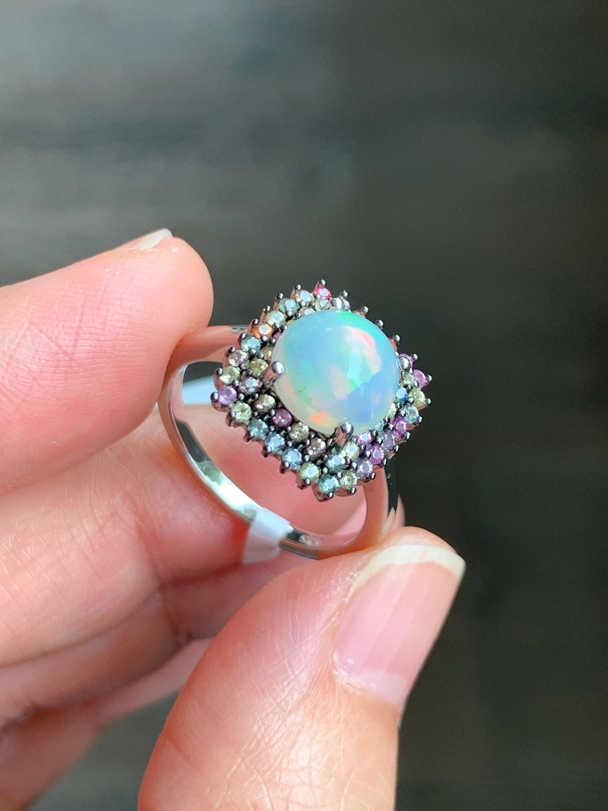Natural Genuine Sapphire Multicolored Rainbow Sapphire Natural Ethiopian Opal Ring S925 Sterling Silver Size 8 US 4g Sapphire Opal Ring 435