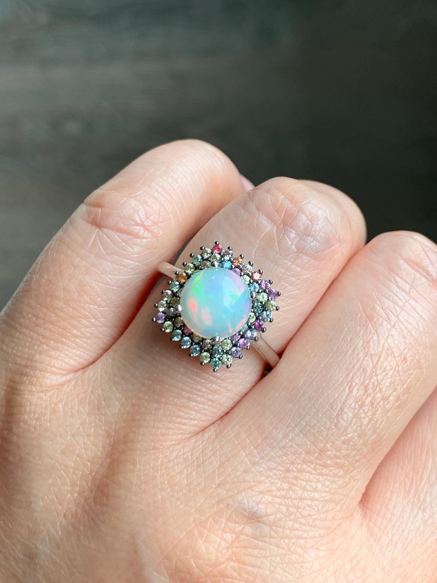 Natural Genuine Sapphire Multicolored Rainbow Sapphire Natural Ethiopian Opal Ring S925 Sterling Silver Size 8 US 4g Sapphire Opal Ring 435