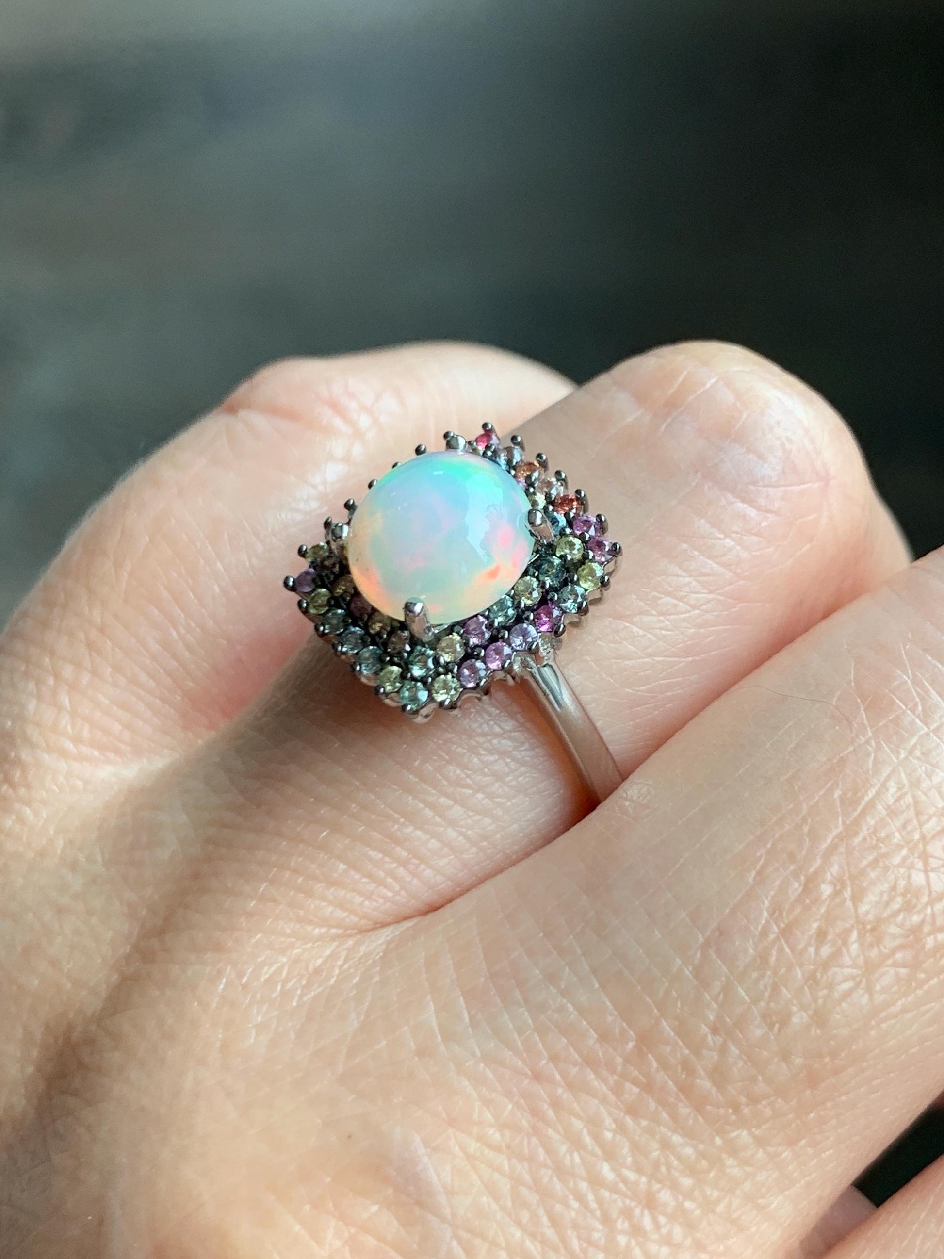 Natural Genuine Sapphire Multicolored Rainbow Sapphire Natural Ethiopian Opal Ring S925 Sterling Silver Size 8 US 4g Sapphire Opal Ring 435