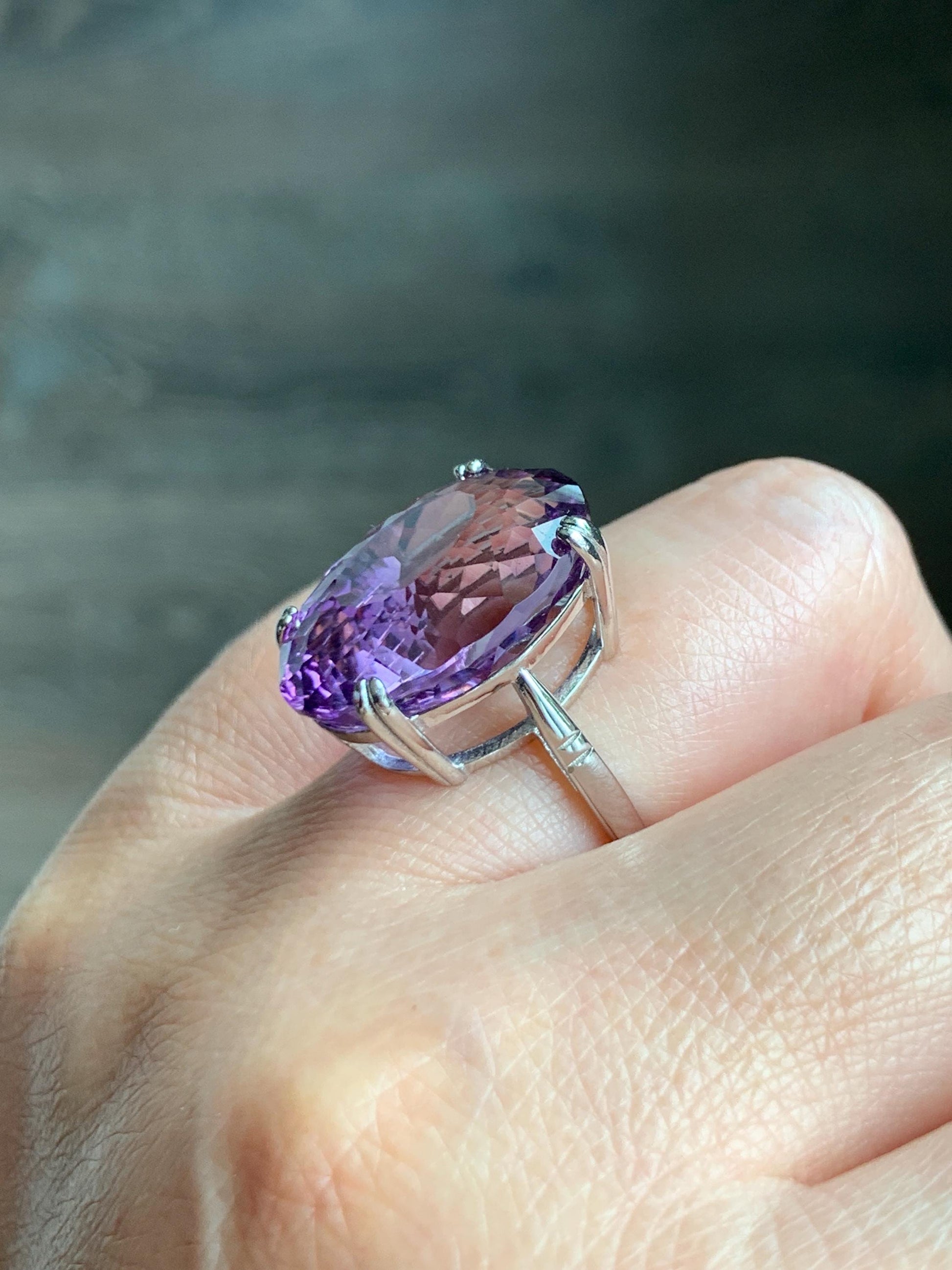 Natural Genuine Large Amethyst Oval Concave Cut Solitaire Ring 15x20x10mm S925 Sterling Silver Size 7 US 7g Large Oval Amethyst Ring 513