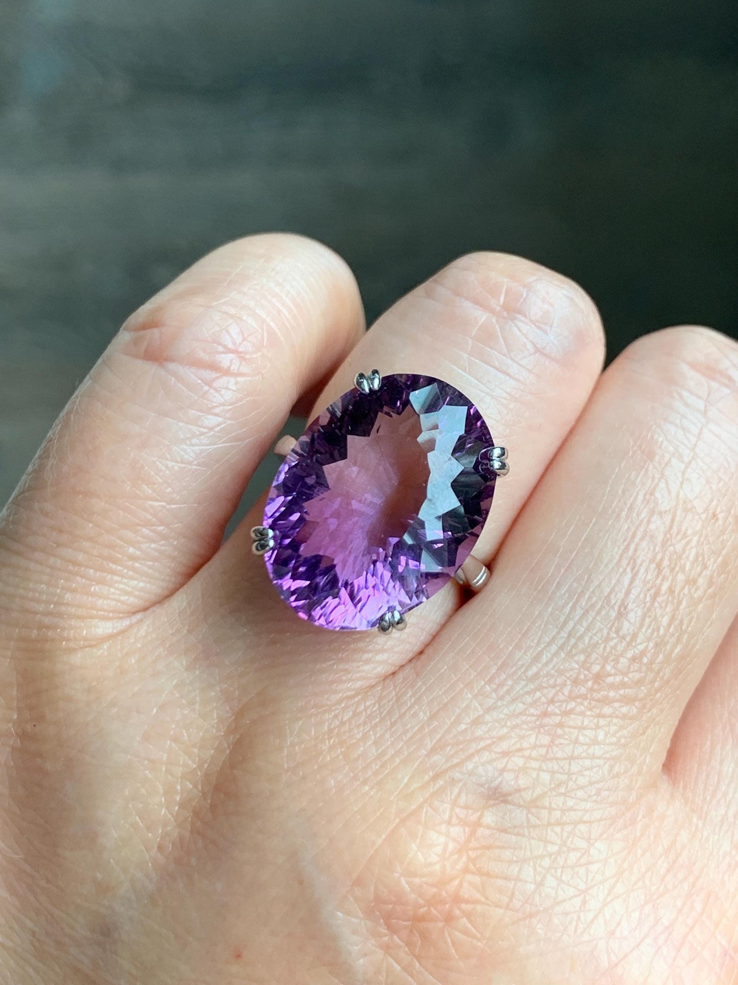 Natural Genuine Large Amethyst Oval Concave Cut Solitaire Ring 15x20x10mm S925 Sterling Silver Size 7 US 7g Large Oval Amethyst Ring 513