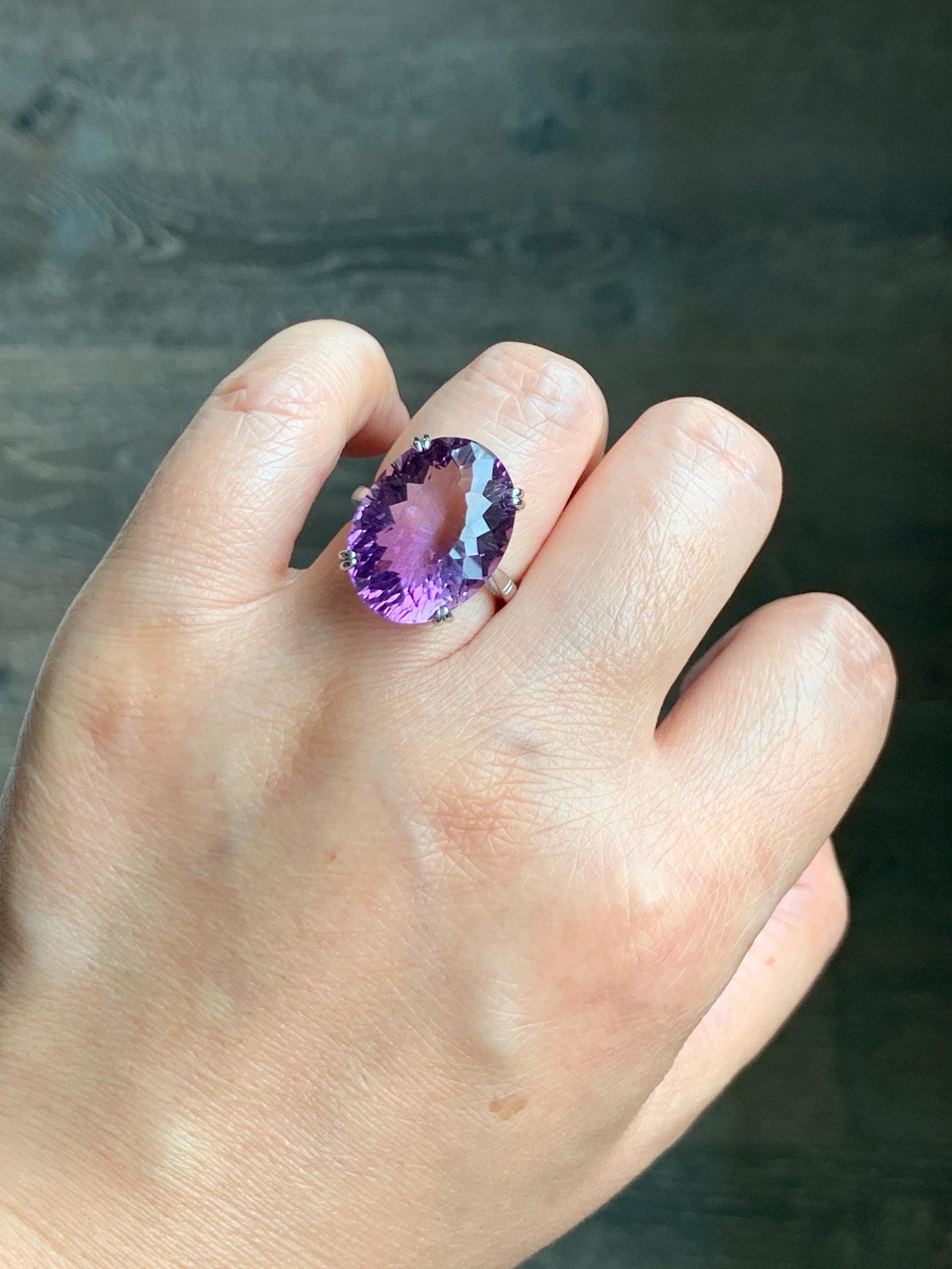 Natural Genuine Large Amethyst Oval Concave Cut Solitaire Ring 15x20x10mm S925 Sterling Silver Size 7 US 7g Large Oval Amethyst Ring 513