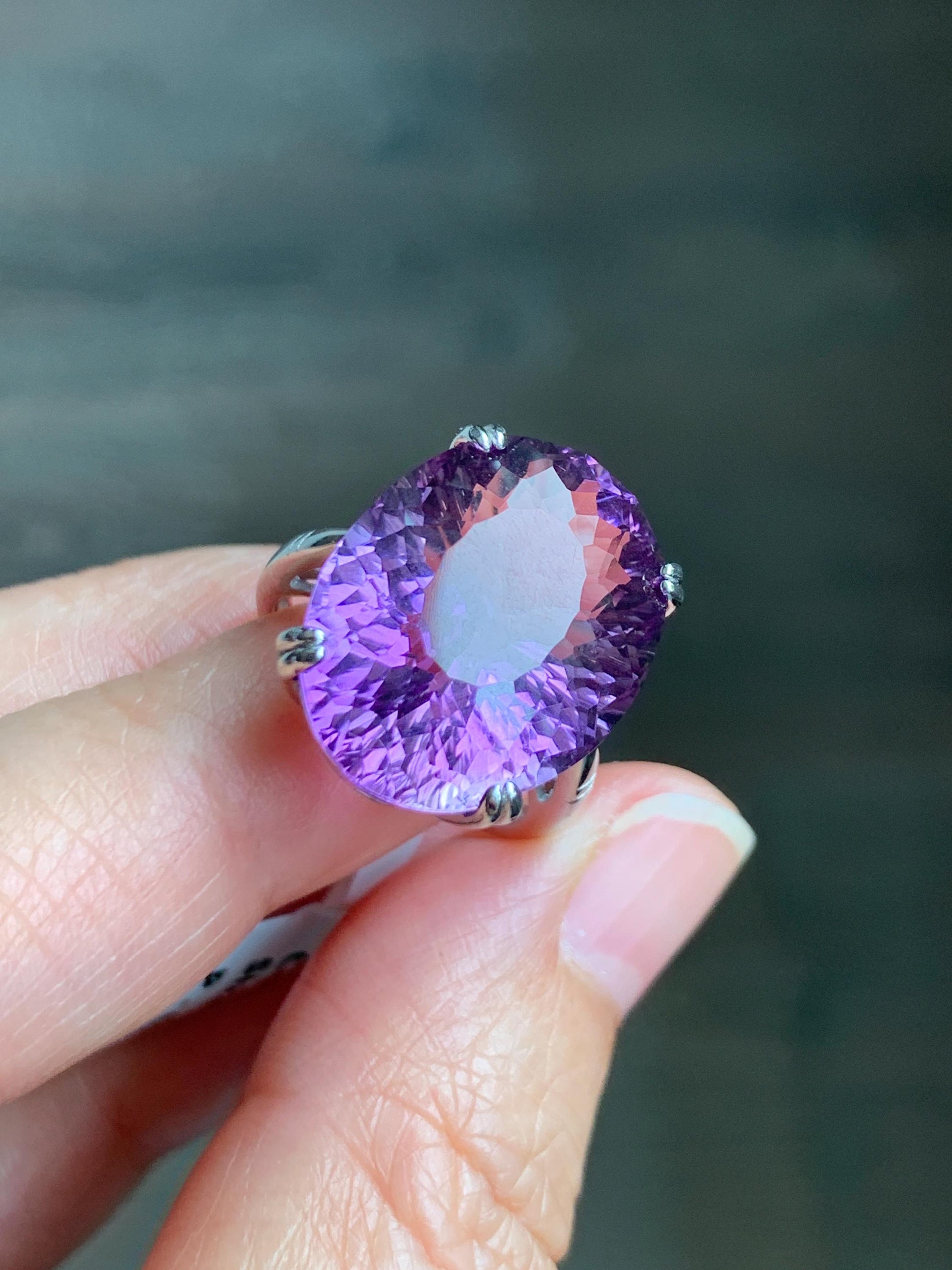 Natural Genuine Large Amethyst Oval Concave Cut Solitaire Ring 15x20x10mm S925 Sterling Silver Size 7 US 7g Large Oval Amethyst Ring 513
