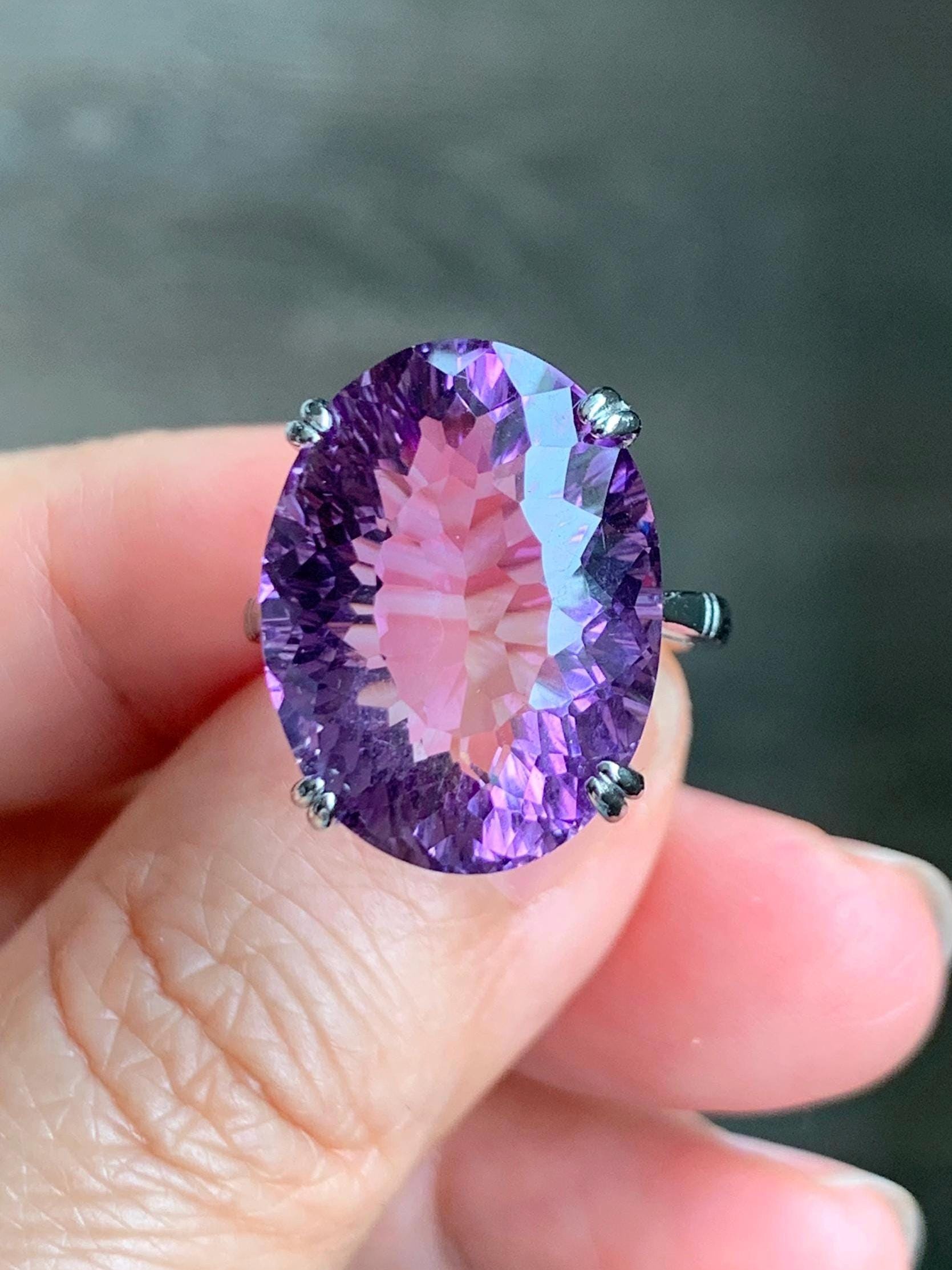 Natural Genuine Large Amethyst Oval Concave Cut Solitaire Ring 15x20x10mm S925 Sterling Silver Size 7 US 7g Large Oval Amethyst Ring 513