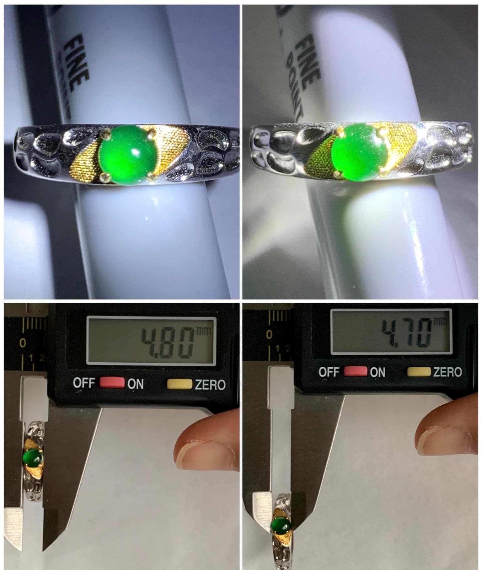 Natural Guatemalan Icy Translucent Vibrant Green Round Jadeite Band Style Ring Two-tone Sterling Silver Size 7 Adjustable 天然冰危绿翡翠银镶戒指 TTB56A