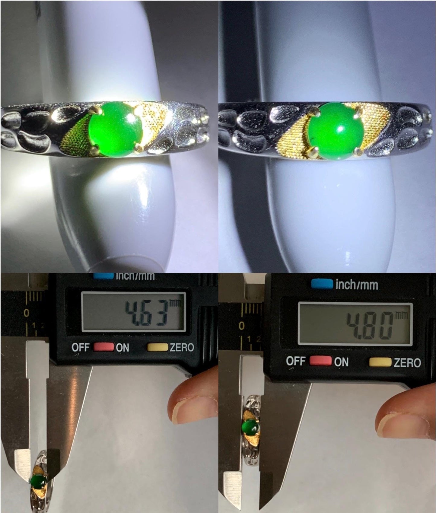 Natural Guatemalan Icy Translucent Vibrant Green Round Jadeite Band Style Ring Two-tone Sterling Silver Size 7 Adjustable 天然冰危绿翡翠银镶戒指 TTB56B