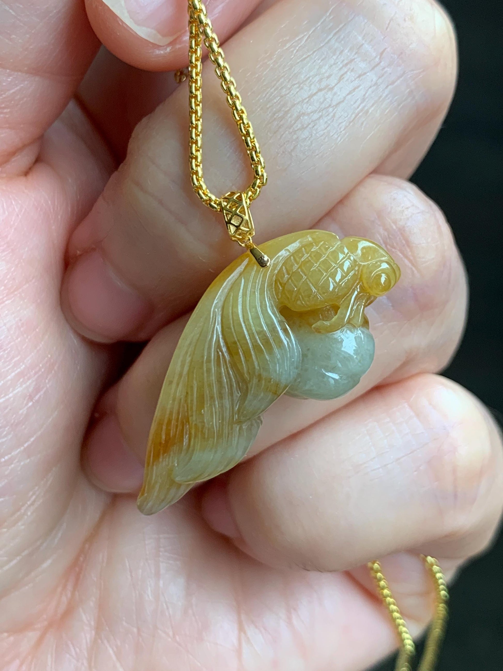Natural Grade A Icy Translucent Yellow Marbled Jade Jadeite Carved Fish and Lotus Pod Pendant 18K Yellow Gold 5g 天然黄翡翠金鱼莲蓬金扣头吊坠 MHJ200