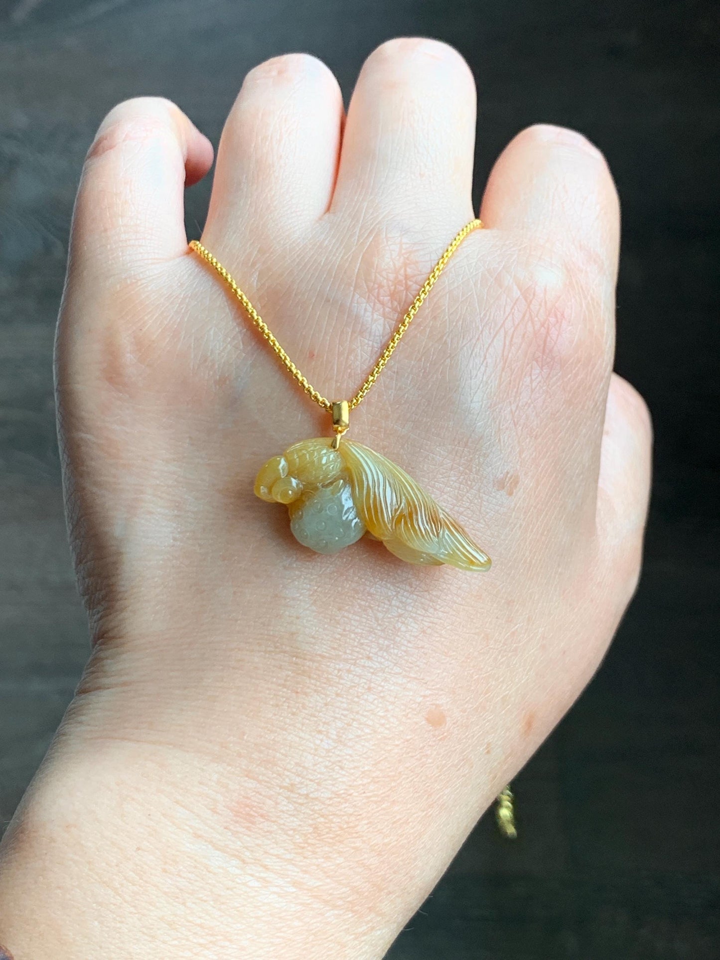 Natural Grade A Icy Translucent Yellow Marbled Jade Jadeite Carved Fish and Lotus Pod Pendant 18K Yellow Gold 5g 天然黄翡翠金鱼莲蓬金扣头吊坠 MHJ200