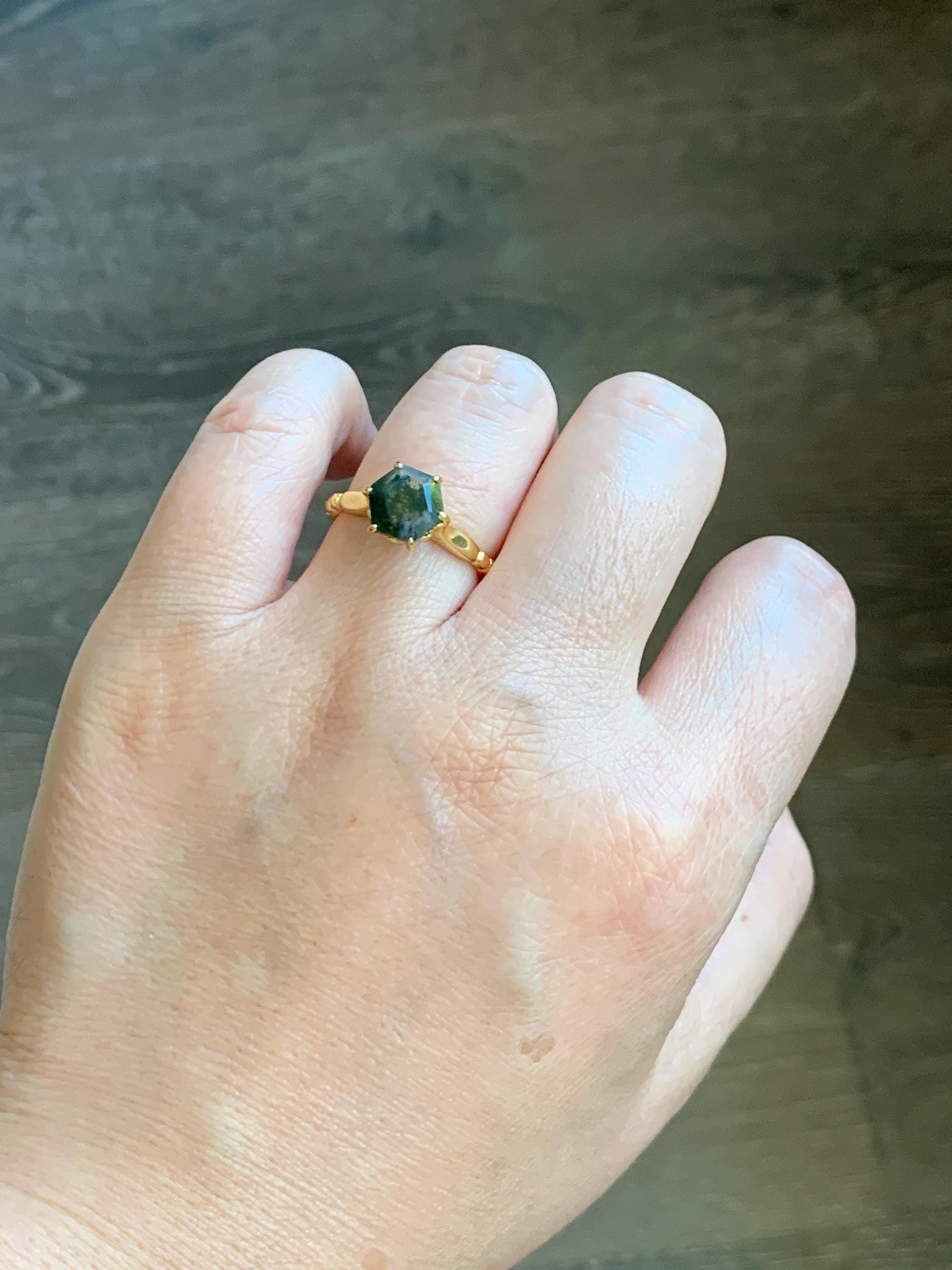 Natural Genuine Moss Agate Premium Hexagon Cut Solitaire Ring 925 Sterling Silver Yellow Gold Overlay Size 8 US 3g Moss Agate Retro Ring 435