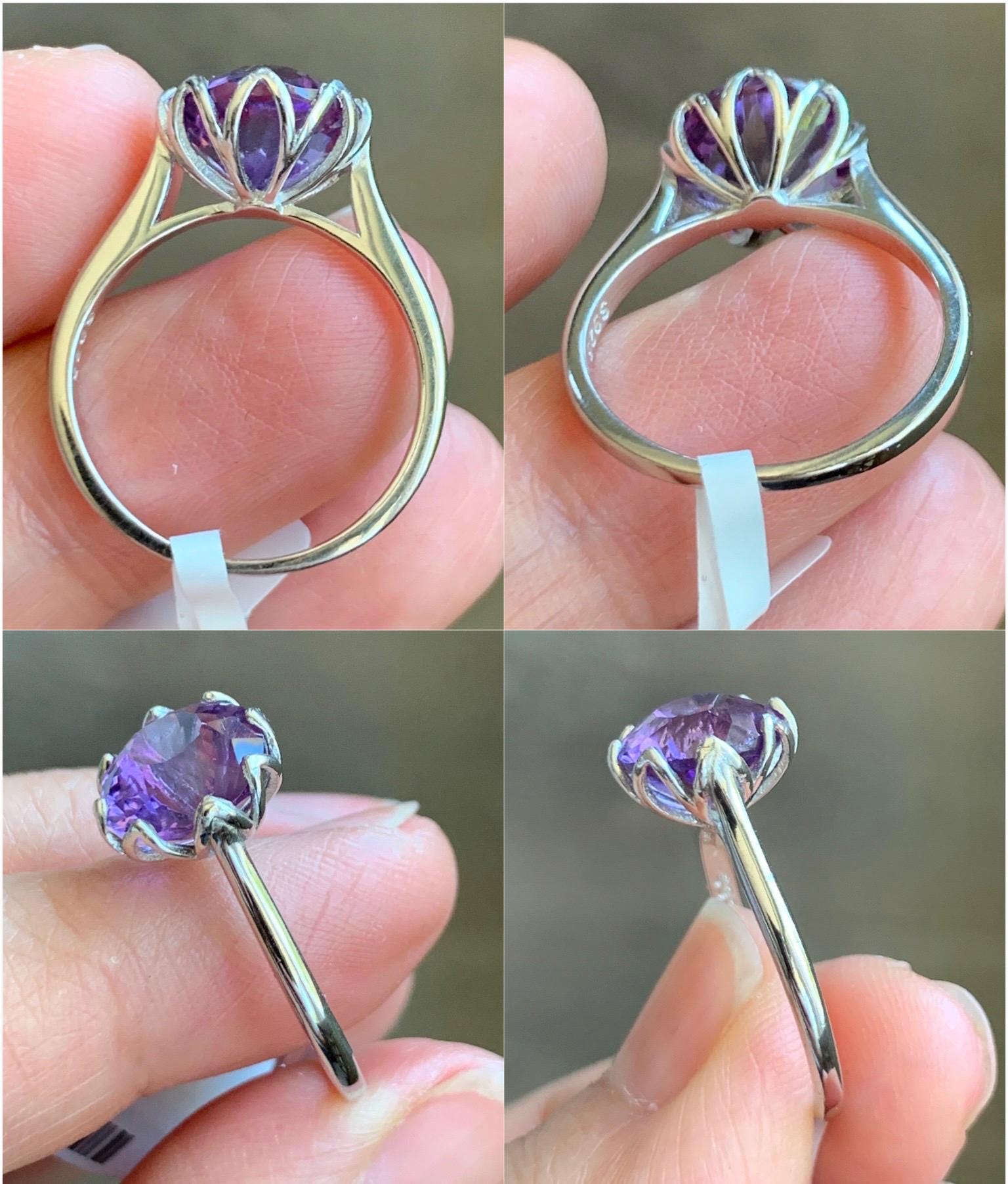 Natural Genuine Amethyst Large Round Cut Solitaire Ring 925 Sterling Silver 10mm Size 7 US 3g Amethyst Solitaire Ring 915