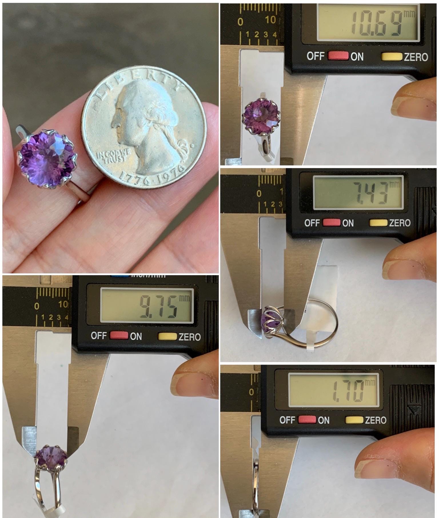 Natural Genuine Amethyst Large Round Cut Solitaire Ring 925 Sterling Silver 10mm Size 7 US 3g Amethyst Solitaire Ring 915