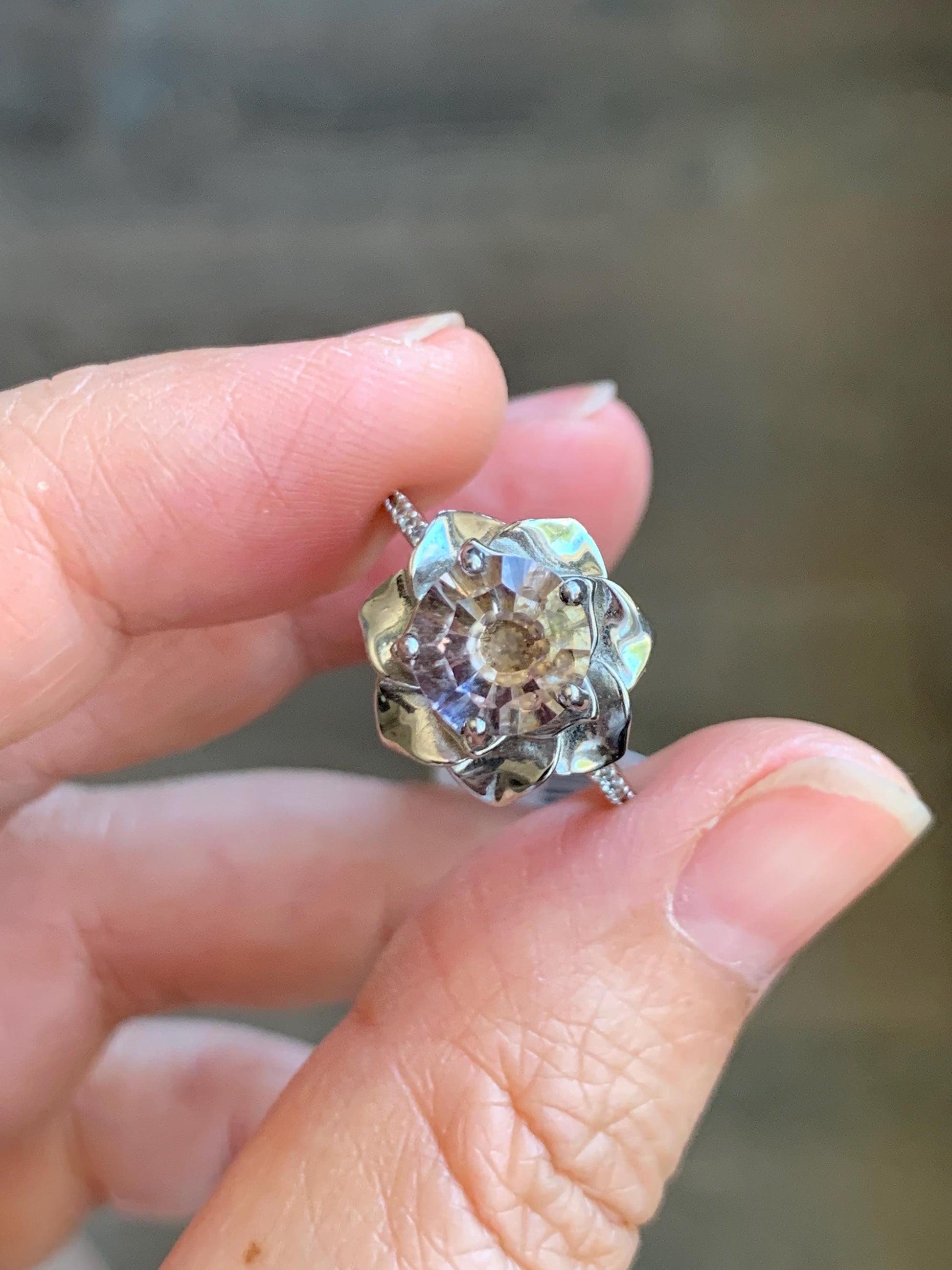 Natural Genuine Ametrine Large Round Cut Floral Design 5-prong Ring 925 Sterling Silver 8mm Size 6 US approx. 4g Ametrine Silver Ring 023