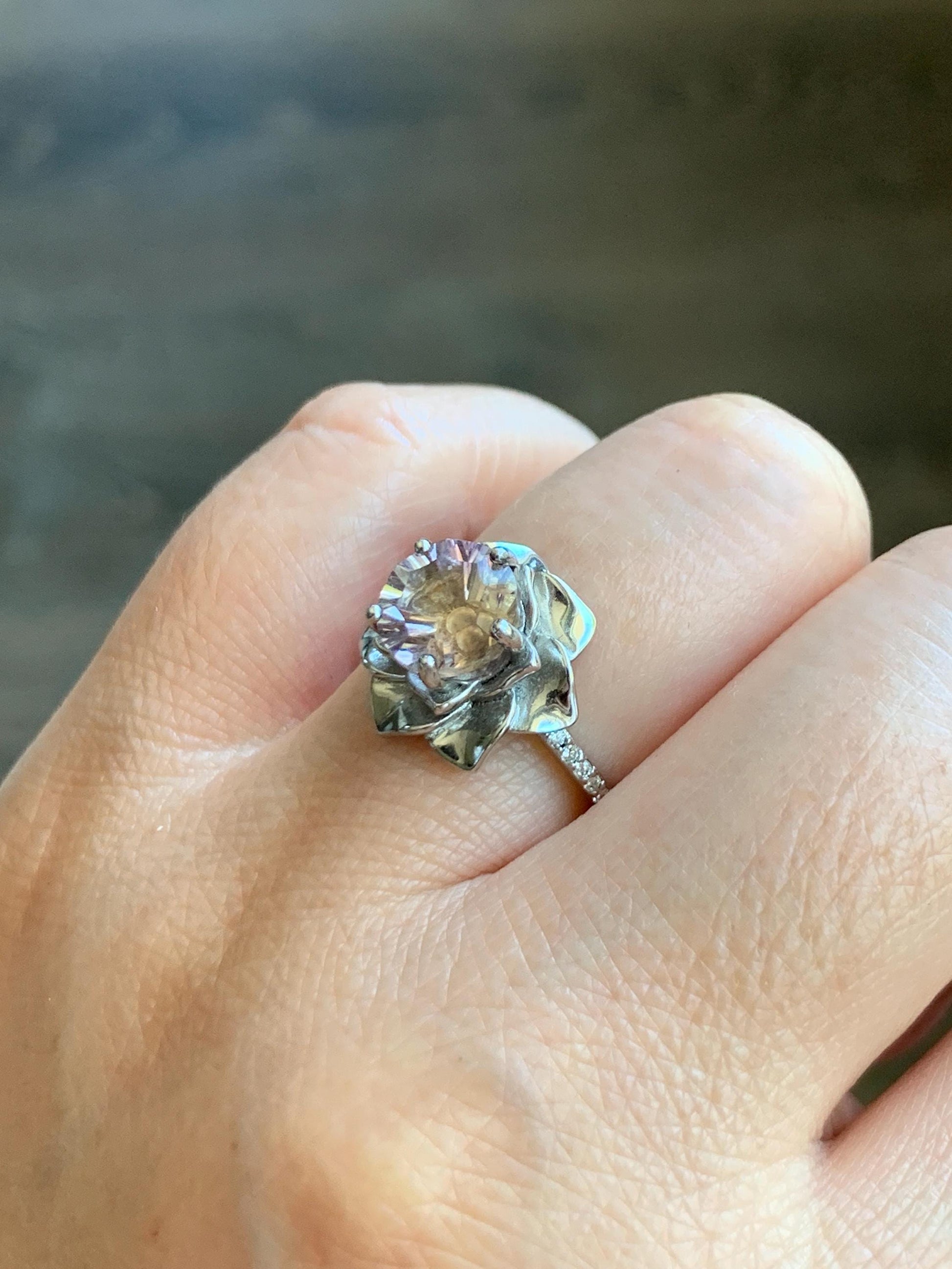Natural Genuine Ametrine Large Round Cut Floral Design 5-prong Ring 925 Sterling Silver 8mm Size 6 US approx. 4g Ametrine Silver Ring 023