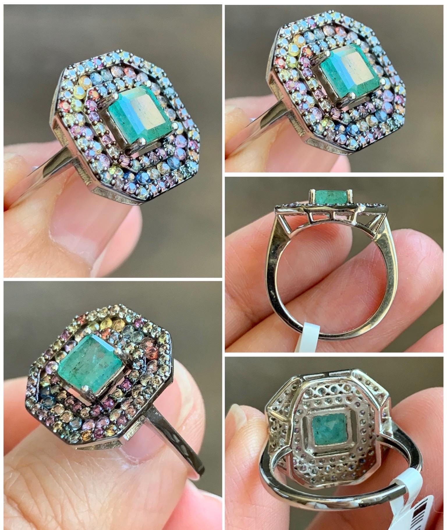 Natural Genuine 6x6mm Emerald & Natural Multicolored Rainbow Sapphire Ring Sterling Silver Size 7 US 4g Untreated Emerald Silver Ring 401