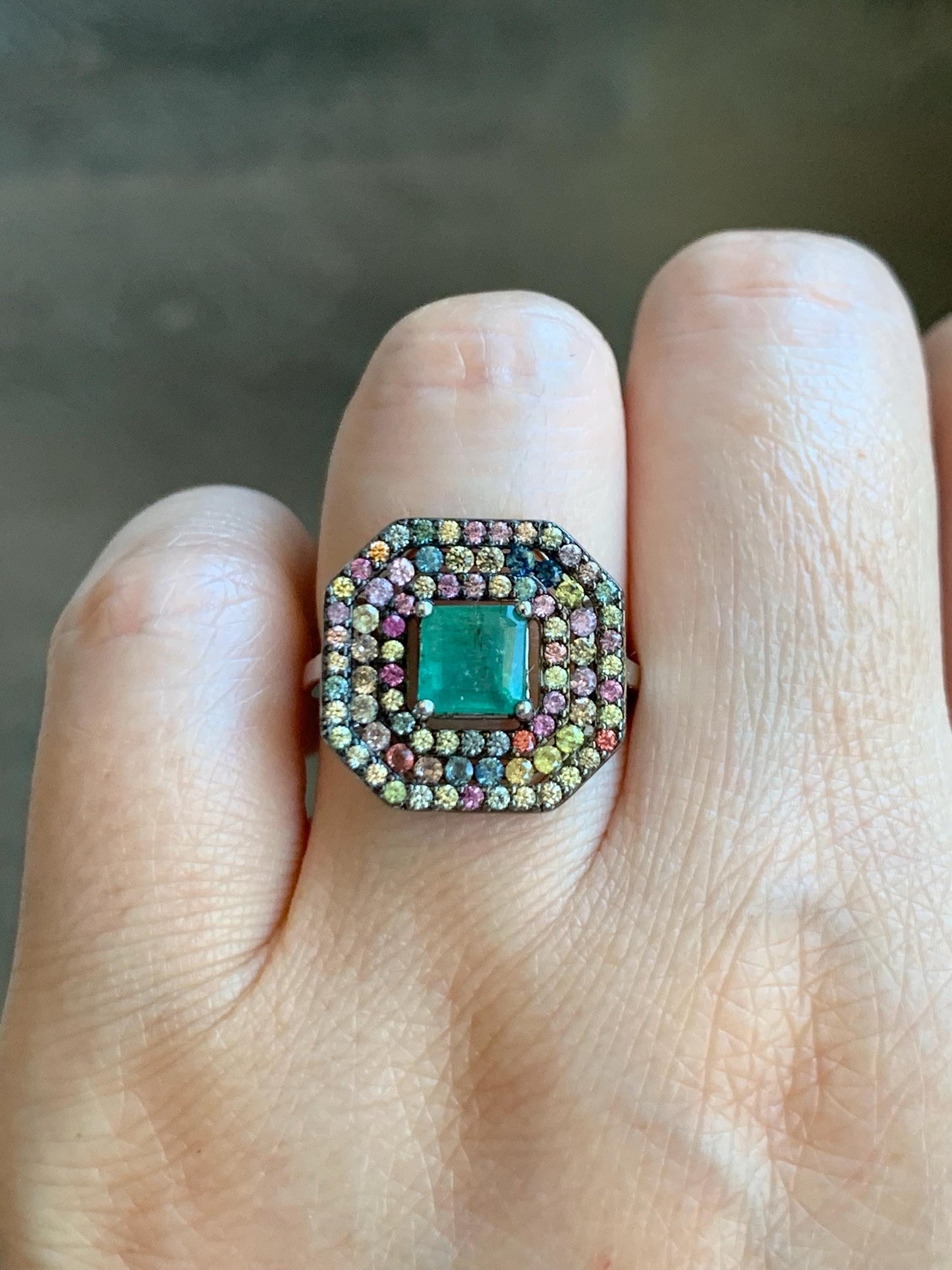 Natural Genuine 6x6mm Emerald & Natural Multicolored Rainbow Sapphire Ring Sterling Silver Size 7 US 4g Untreated Emerald Silver Ring 401