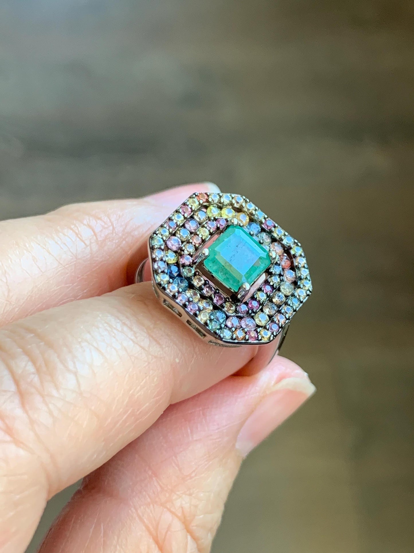 Natural Genuine 6x6mm Emerald & Natural Multicolored Rainbow Sapphire Ring Sterling Silver Size 7 US 4g Untreated Emerald Silver Ring 401