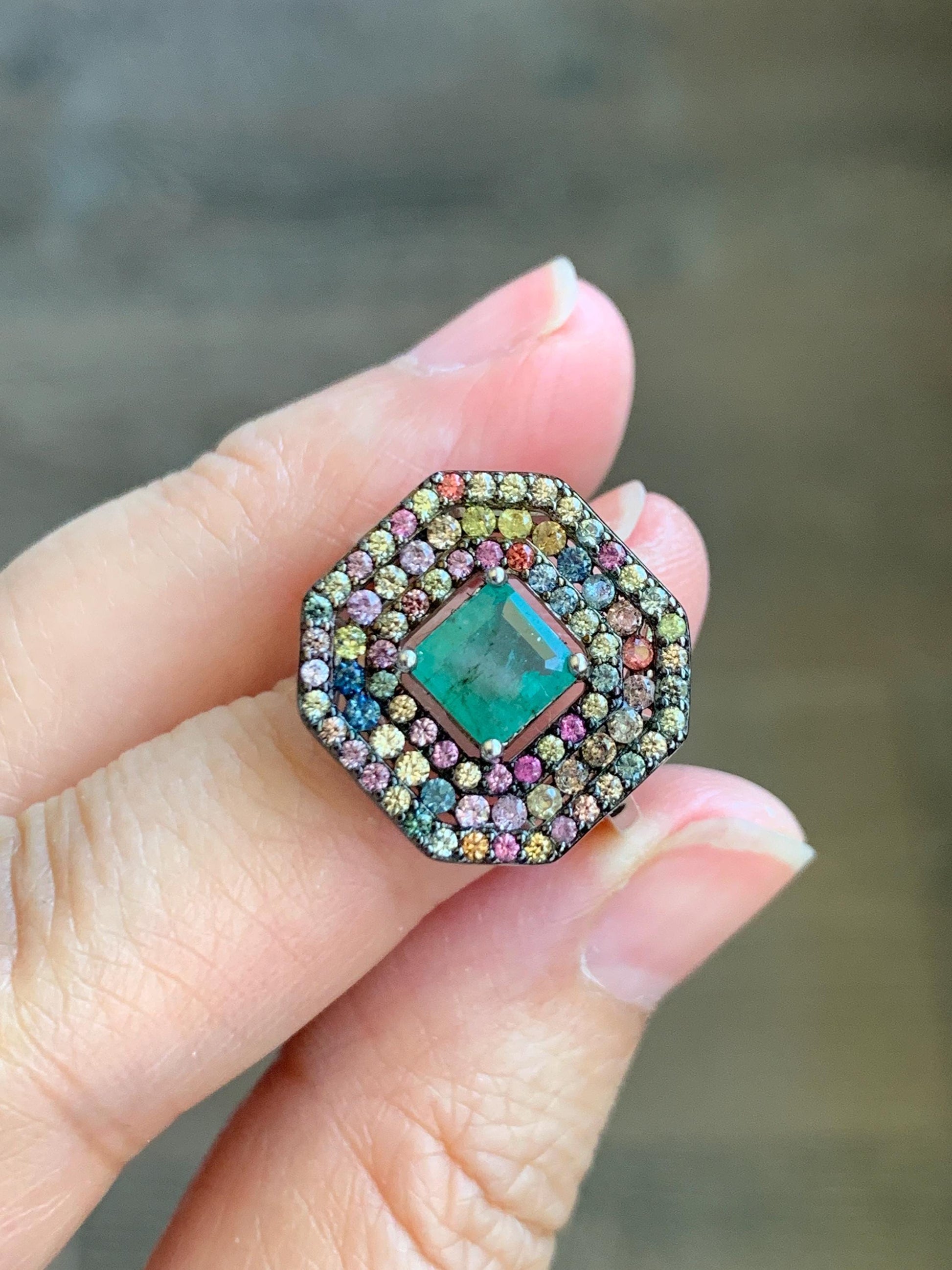 Natural Genuine 6x6mm Emerald & Natural Multicolored Rainbow Sapphire Ring Sterling Silver Size 7 US 4g Untreated Emerald Silver Ring 401