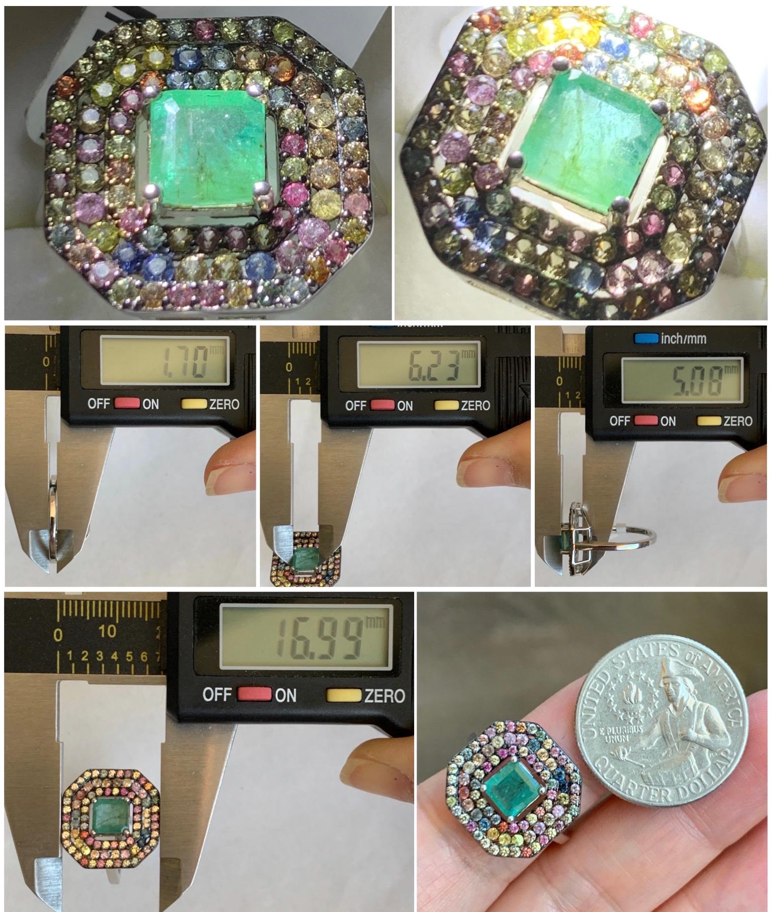 Natural Genuine 6x6mm Emerald & Natural Multicolored Rainbow Sapphire Ring Sterling Silver Size 7 US 4g Untreated Emerald Silver Ring 401