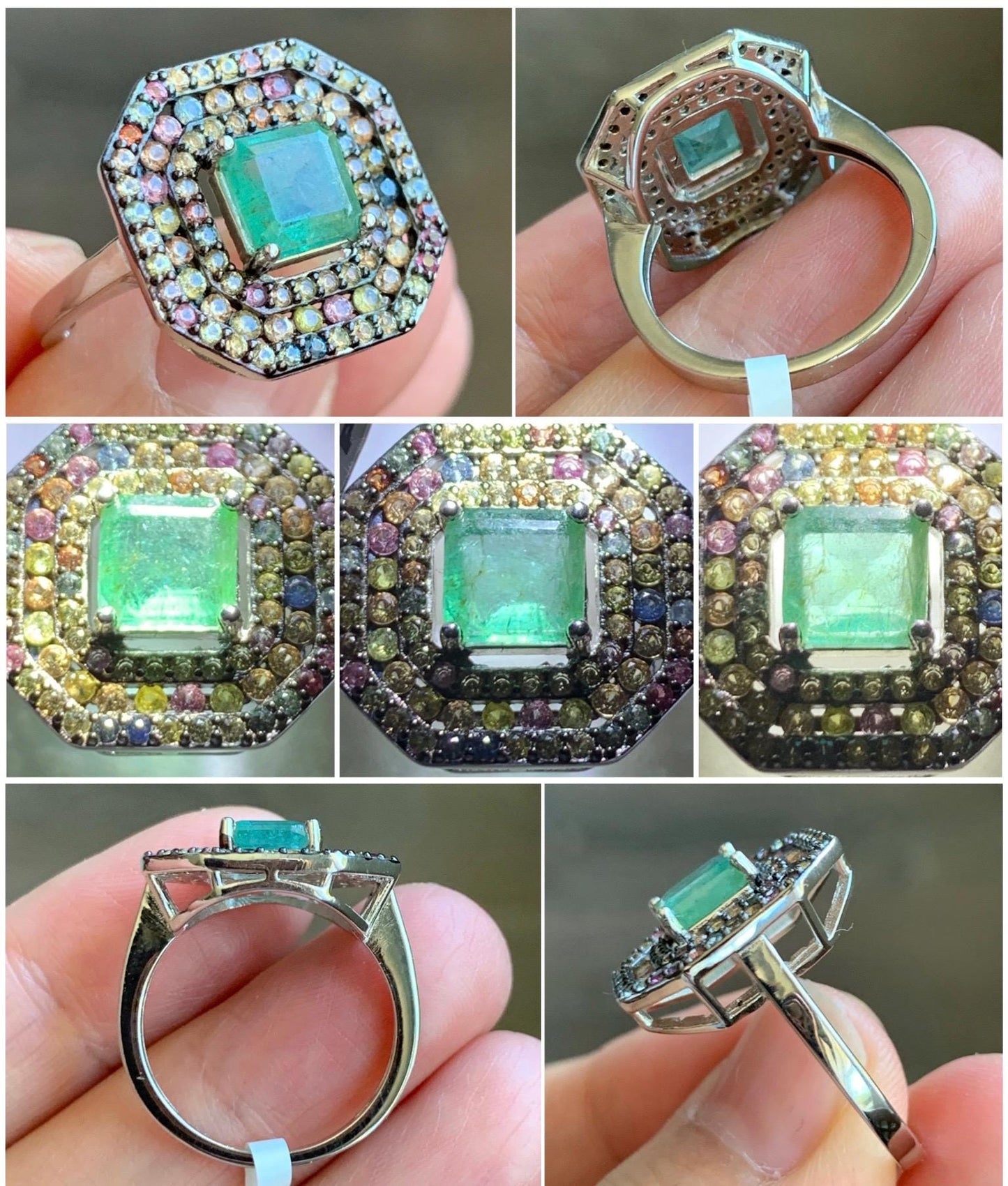 Natural Genuine 6.7x6.7mm Emerald & Natural Multicolored Rainbow Sapphire Ring Sterling Silver Size 8 US 4g Untreated Emerald Ring 680