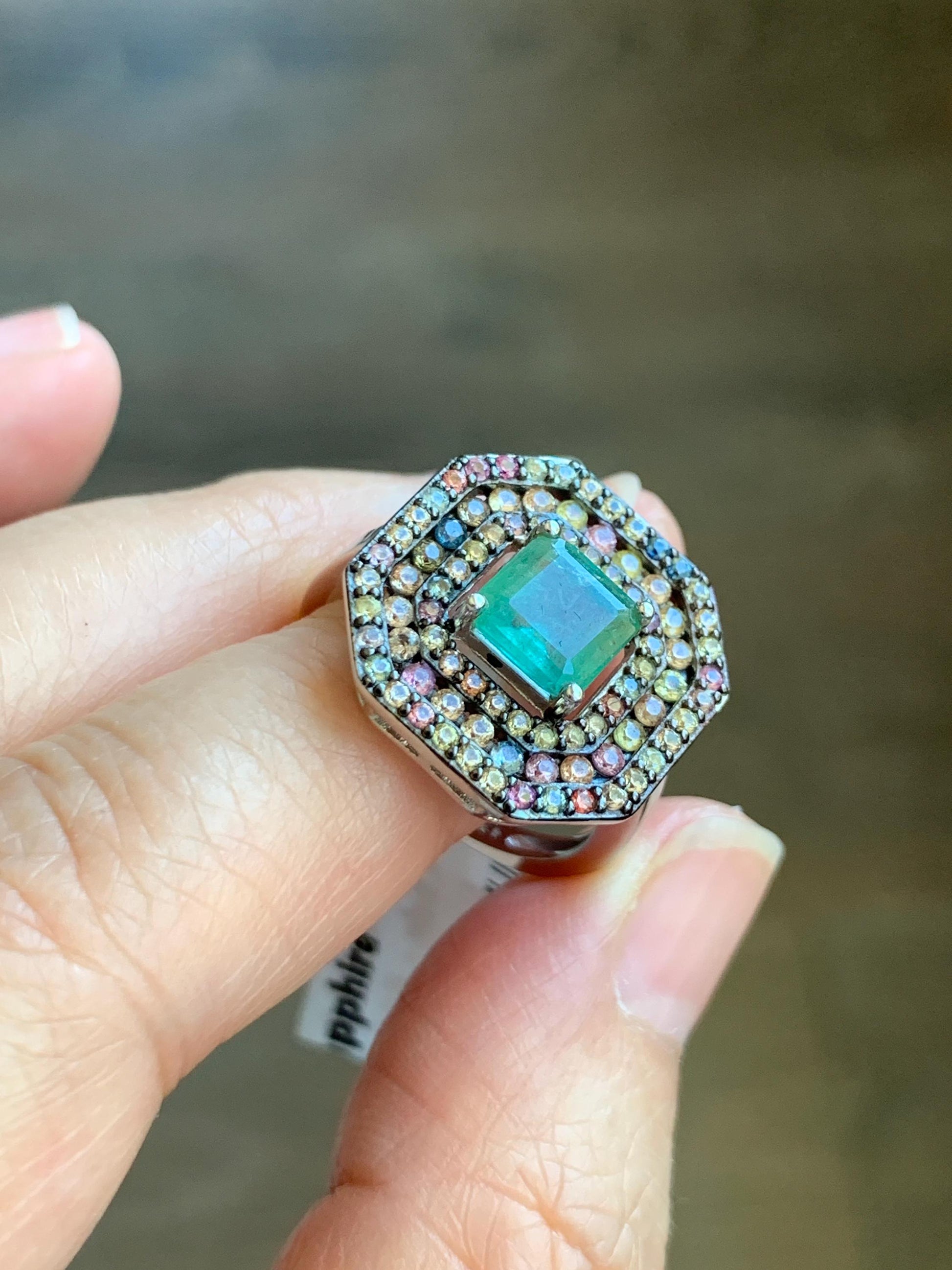 Natural Genuine 6.7x6.7mm Emerald & Natural Multicolored Rainbow Sapphire Ring Sterling Silver Size 8 US 4g Untreated Emerald Ring 680