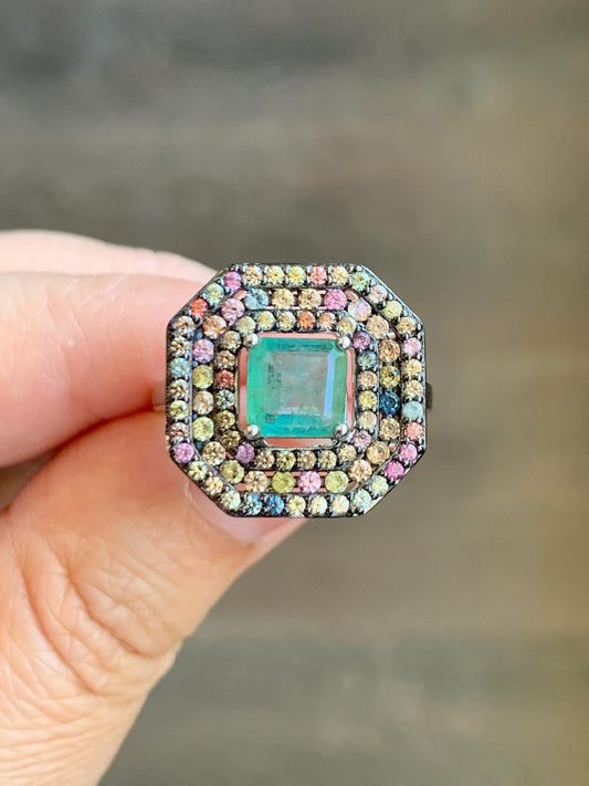 Natural Genuine 6.7x6.7mm Emerald & Natural Multicolored Rainbow Sapphire Ring Sterling Silver Size 8 US 4g Untreated Emerald Ring 680
