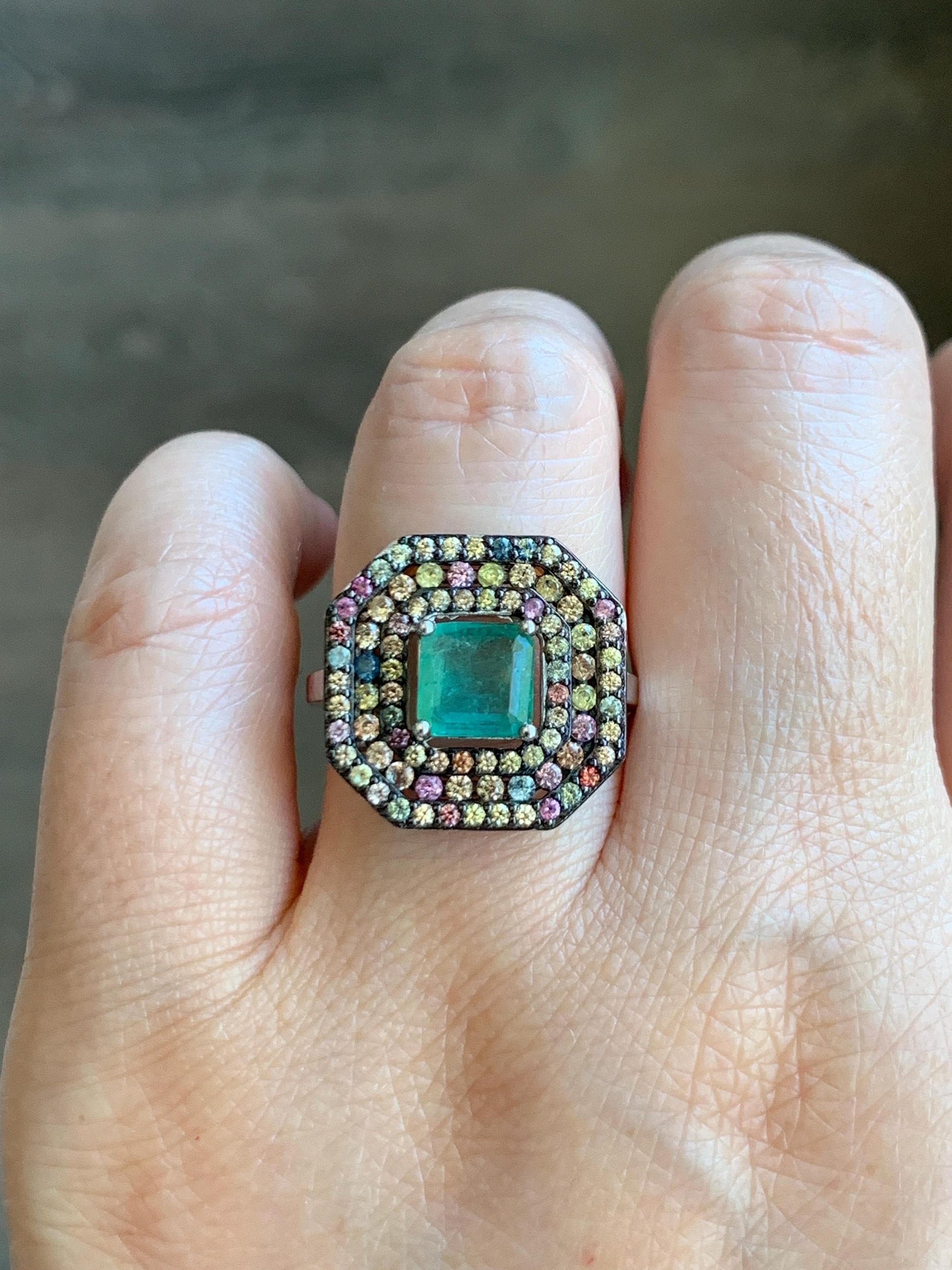 Natural Genuine 6.7x6.7mm Emerald & Natural Multicolored Rainbow Sapphire Ring Sterling Silver Size 8 US 4g Untreated Emerald Ring 680