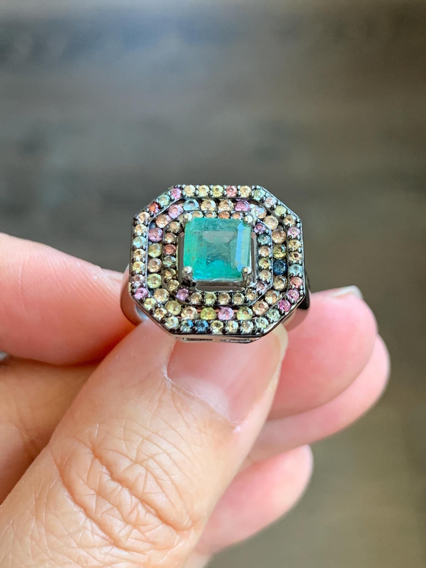 Natural Genuine 6.7x6.7mm Emerald & Natural Multicolored Rainbow Sapphire Ring Sterling Silver Size 8 US 4g Untreated Emerald Ring 680