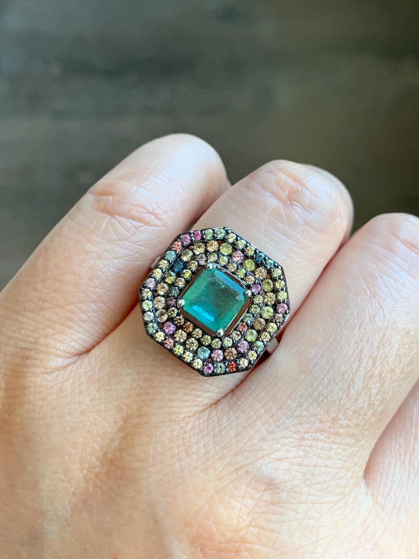 Natural Genuine 6.7x6.7mm Emerald & Natural Multicolored Rainbow Sapphire Ring Sterling Silver Size 8 US 4g Untreated Emerald Ring 680