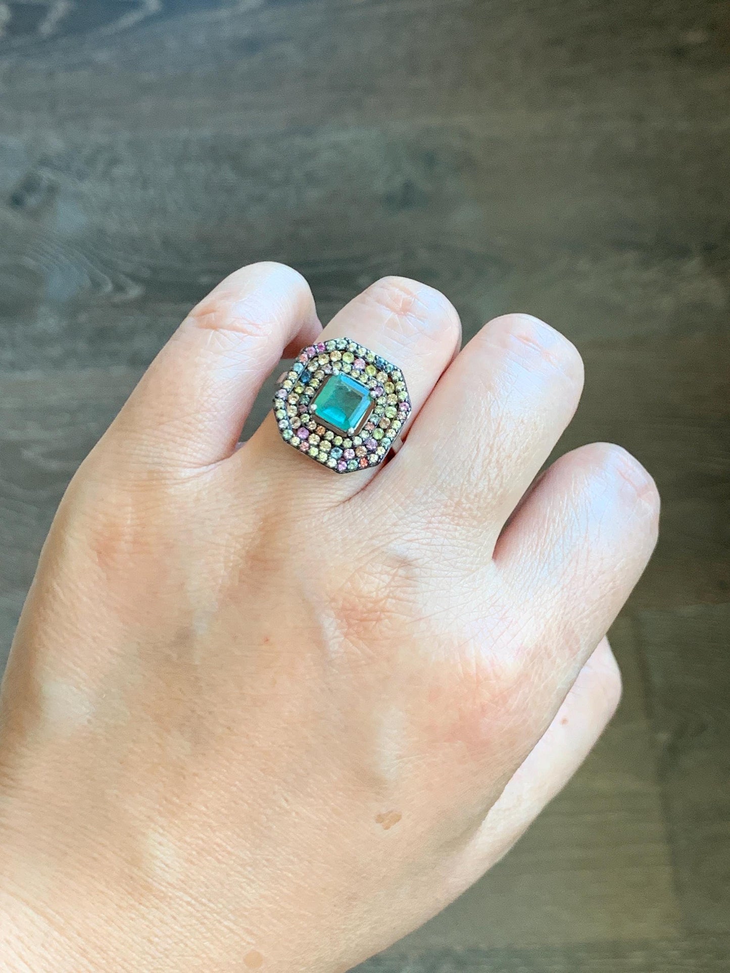 Natural Genuine 6.7x6.7mm Emerald & Natural Multicolored Rainbow Sapphire Ring Sterling Silver Size 8 US 4g Untreated Emerald Ring 680