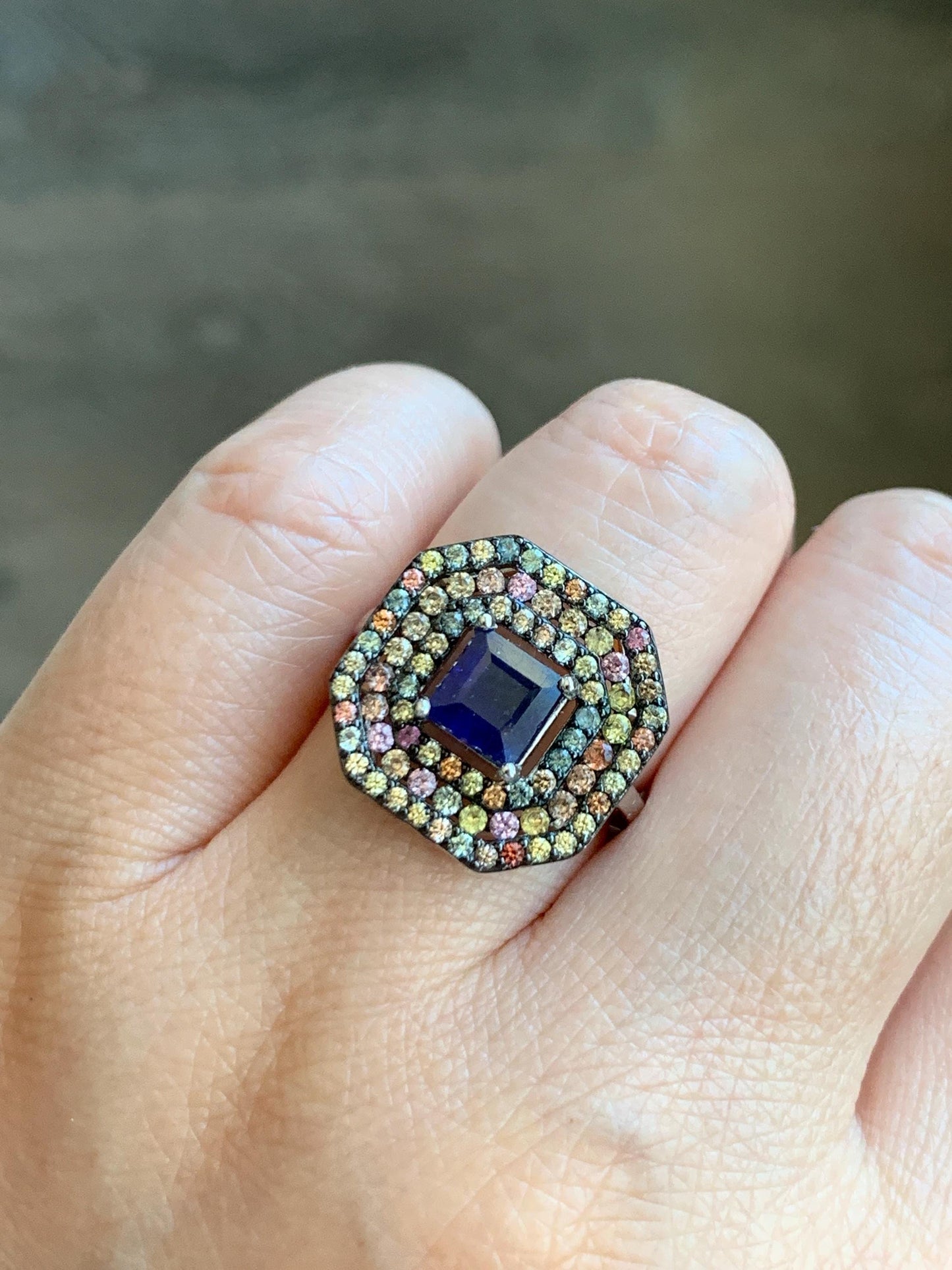 Genuine Blue Sapphire 6x6mm & Natural Multicolored Rainbow Sapphire Ring Sterling Silver Size 7 US 4g Heated Blue Sapphire Silver Ring 421