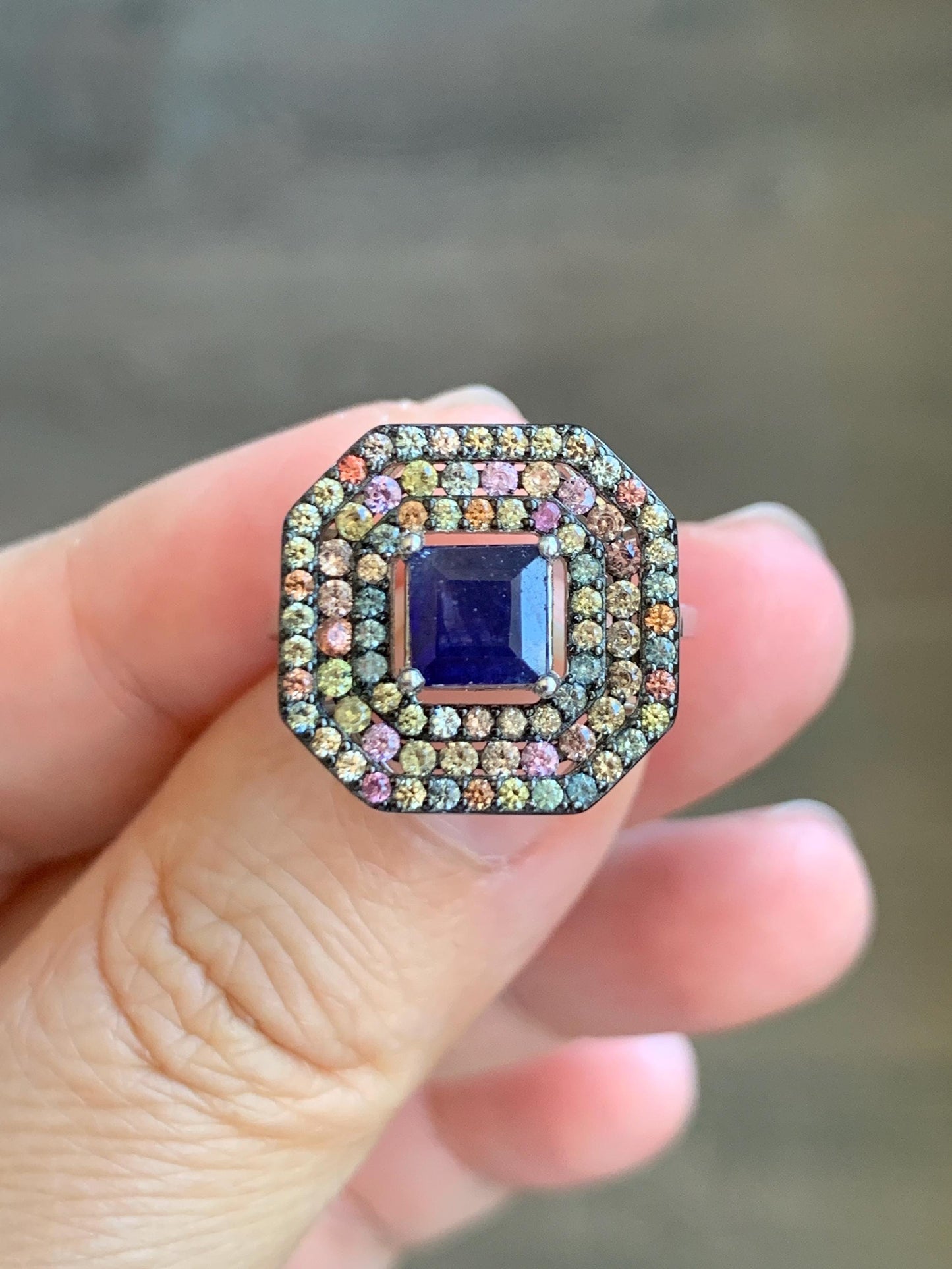 Genuine Blue Sapphire 6x6mm & Natural Multicolored Rainbow Sapphire Ring Sterling Silver Size 7 US 4g Heated Blue Sapphire Silver Ring 421
