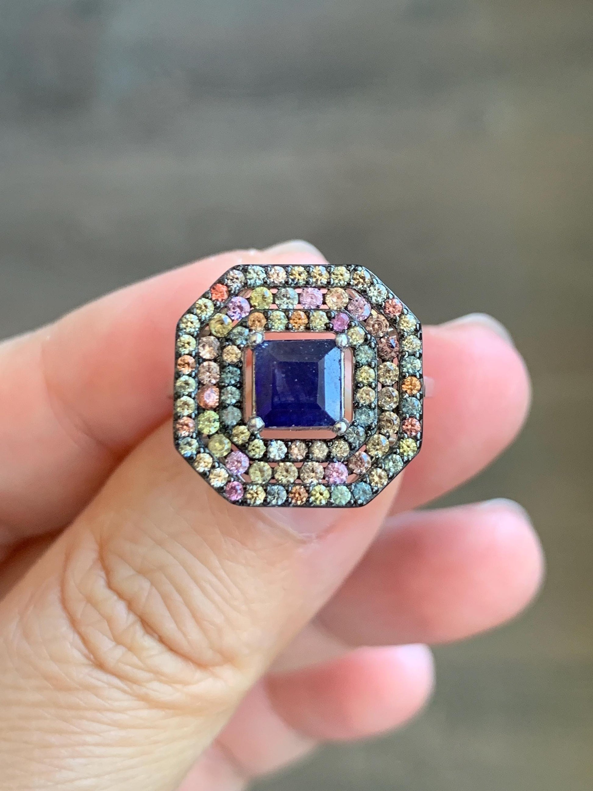 Genuine Blue Sapphire 6x6mm & Natural Multicolored Rainbow Sapphire Ring Sterling Silver Size 7 US 4g Heated Blue Sapphire Silver Ring 421