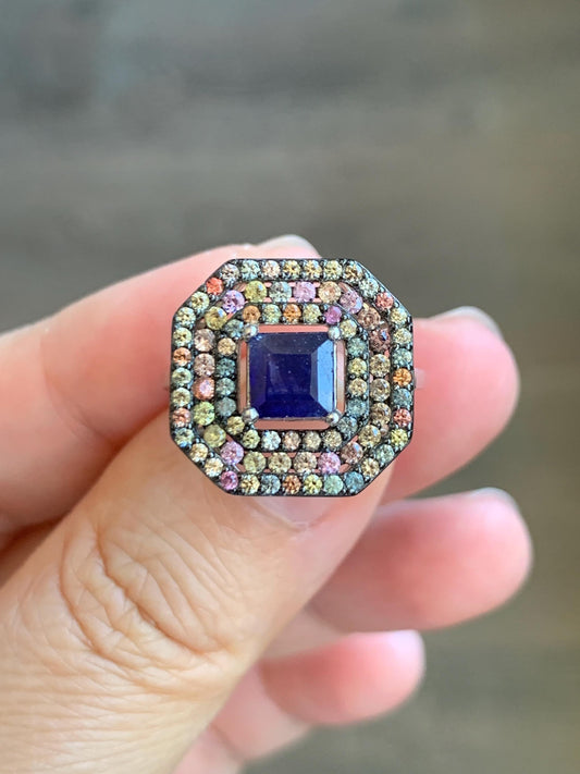 Genuine Blue Sapphire 6x6mm & Natural Multicolored Rainbow Sapphire Ring Sterling Silver Size 7 US 4g Heated Blue Sapphire Silver Ring 421