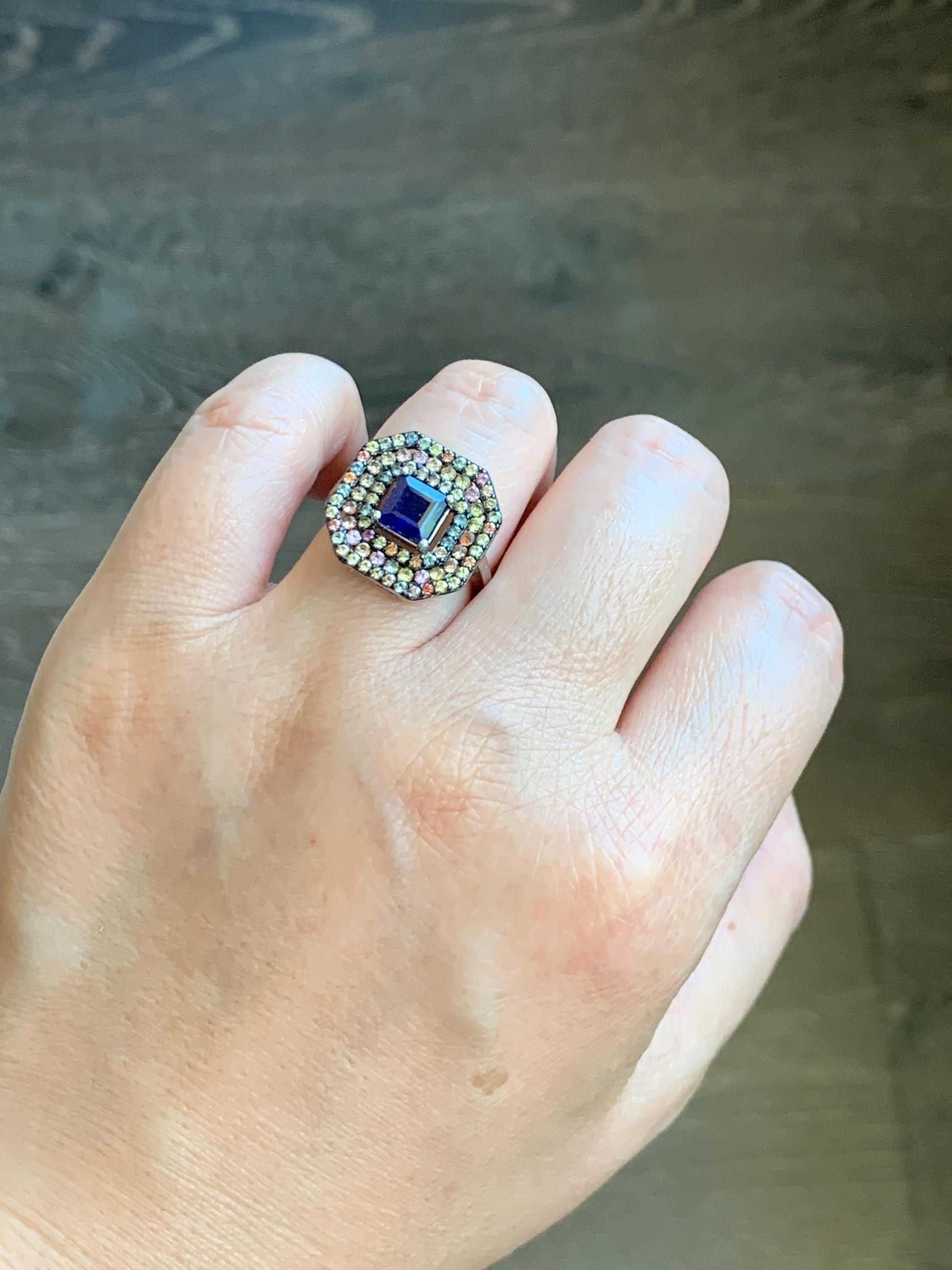 Genuine Blue Sapphire 6x6mm & Natural Multicolored Rainbow Sapphire Ring Sterling Silver Size 7 US 4g Heated Blue Sapphire Silver Ring 421