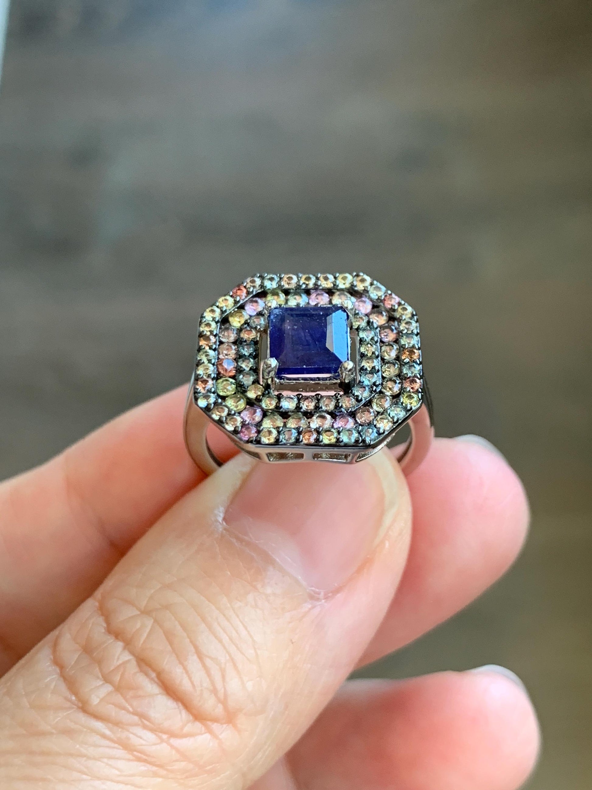 Genuine Blue Sapphire 6x6mm & Natural Multicolored Rainbow Sapphire Ring Sterling Silver Size 7 US 4g Heated Blue Sapphire Silver Ring 421