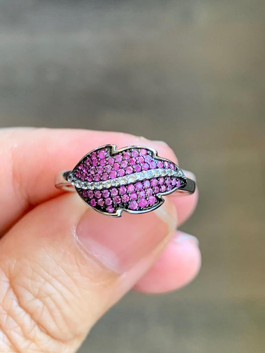 Natural Genuine Untreated Dark Pink Sapphire Cluster Leaf Ring 925 Sterling Silver Size 6.75 US 2g Pink Sapphire Ring 049
