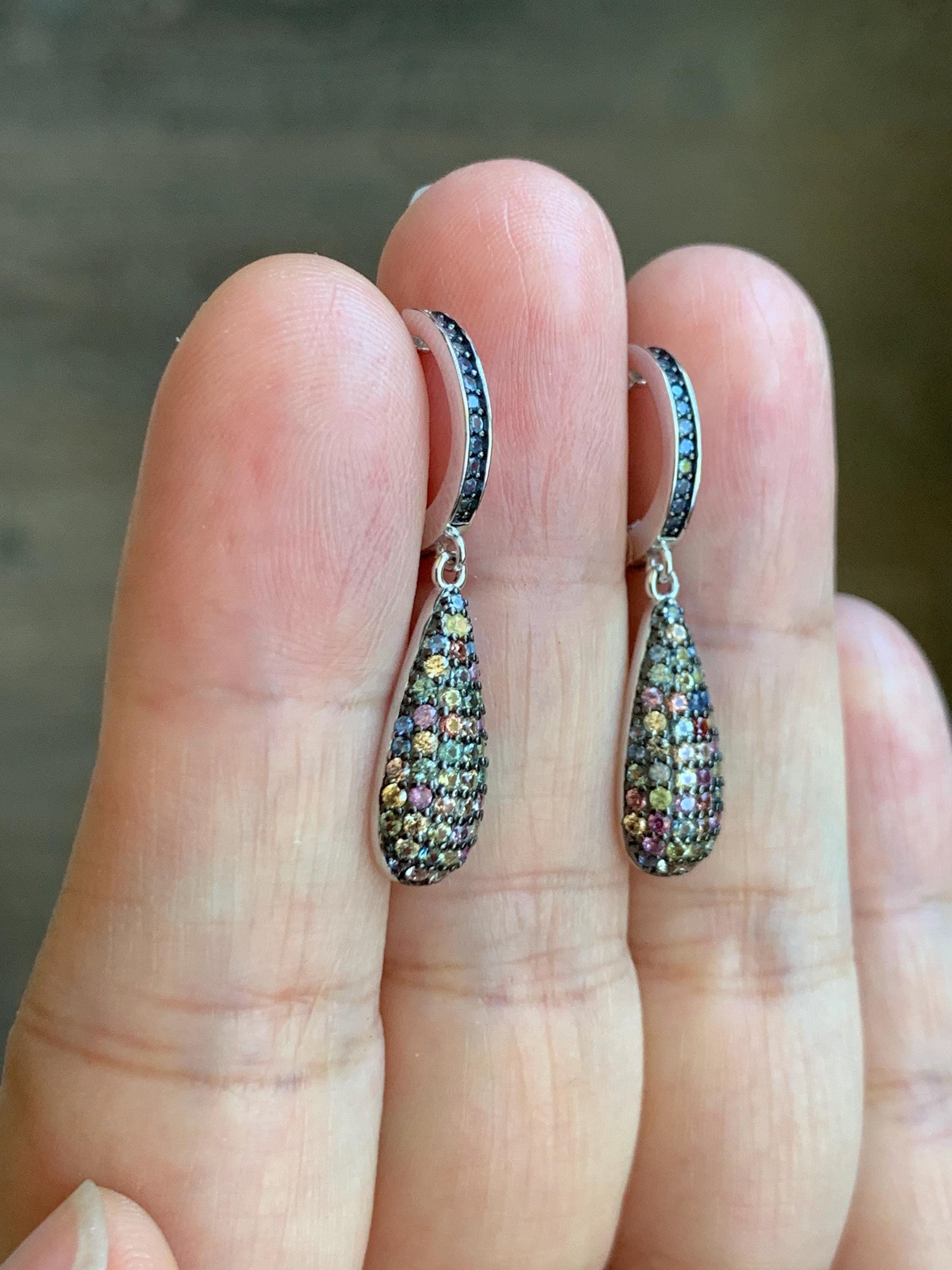 Natural Genuine Unheated Blue Sapphire Multicolored Rainbow Sapphire Cluster Teardrop Dangle Earrings Sterling Silver English Lock 4g 858-E