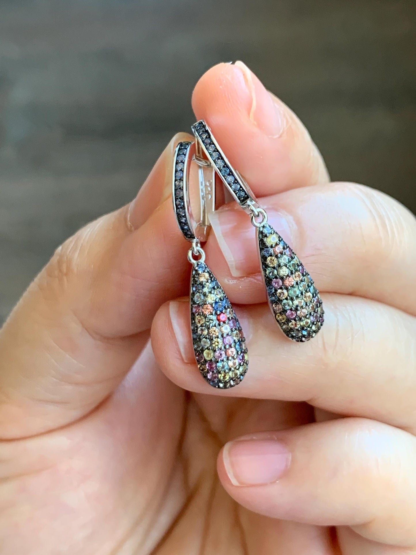 Natural Genuine Unheated Blue Sapphire Multicolored Rainbow Sapphire Cluster Teardrop Dangle Earrings Sterling Silver English Lock 4g 858-E