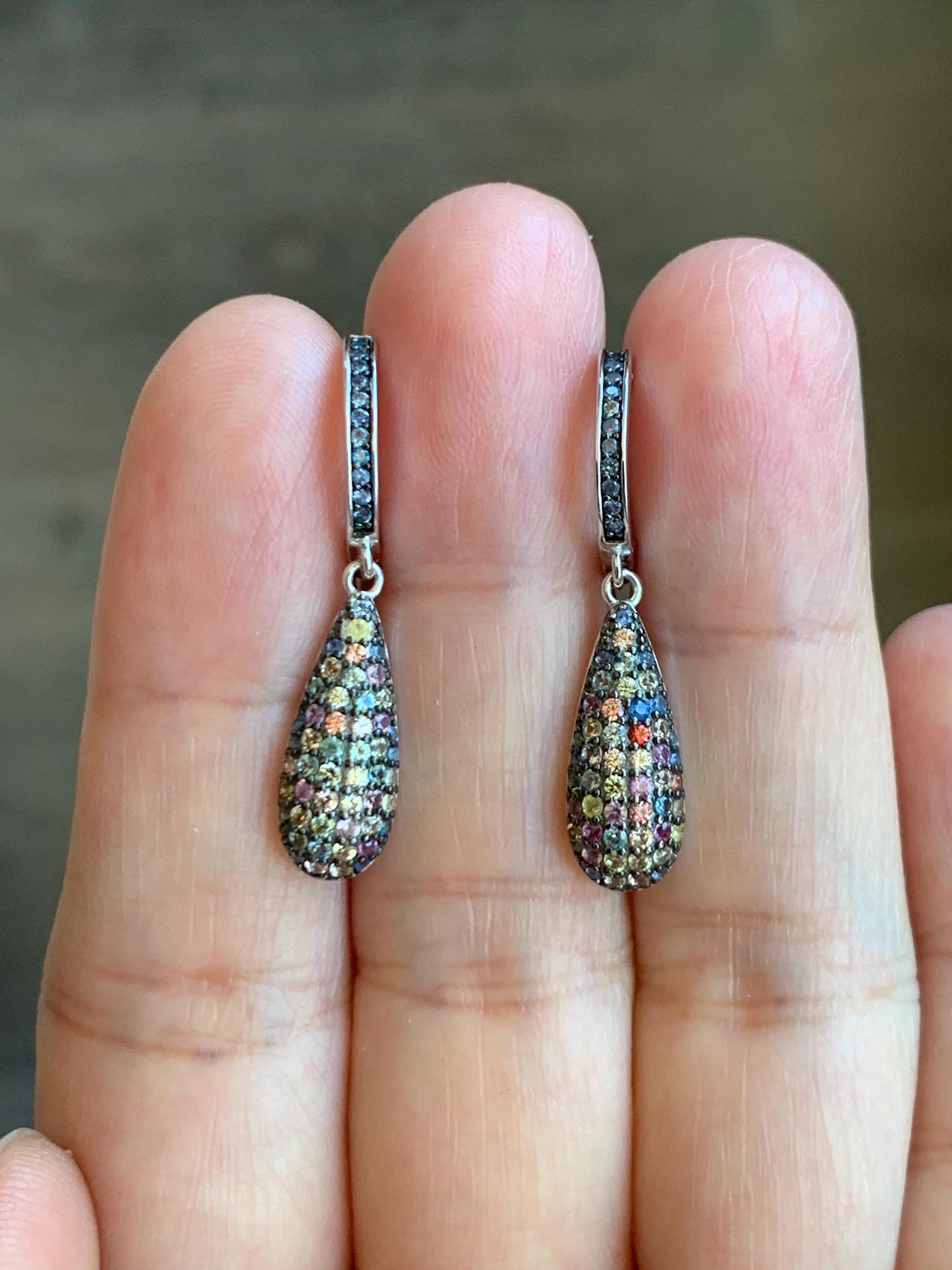 Natural Genuine Unheated Blue Sapphire Multicolored Rainbow Sapphire Cluster Teardrop Dangle Earrings Sterling Silver English Lock 4g 858-E