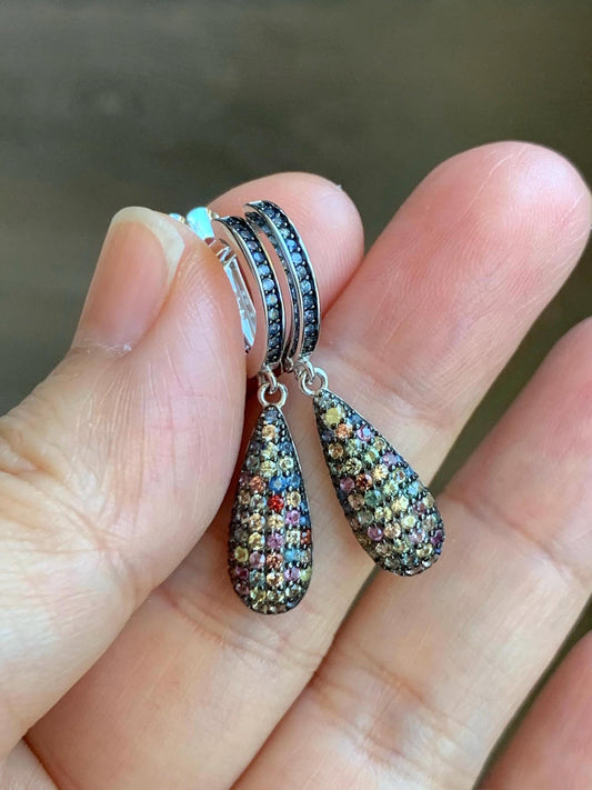 Natural Genuine Unheated Blue Sapphire Multicolored Rainbow Sapphire Cluster Teardrop Dangle Earrings Sterling Silver English Lock 4g 858-E