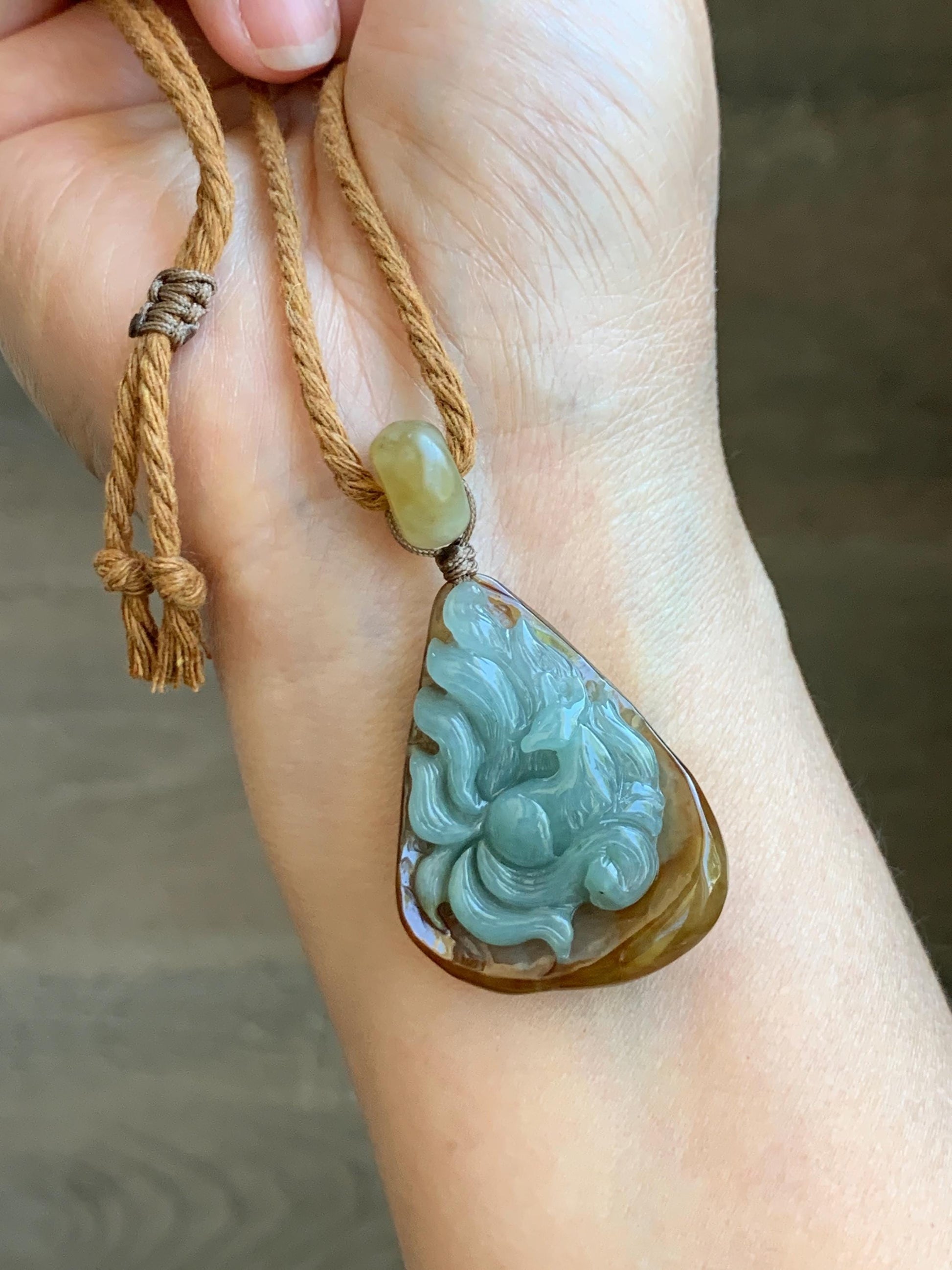 Natural Grade A Icy Translucent Red & Blue Jade Jadeite 3D Carved Nine-Tailed Fox Pendant Rope Necklace 26” 22g 天然冰红加蓝翡翠九尾狐吊坠项链 HPJ312