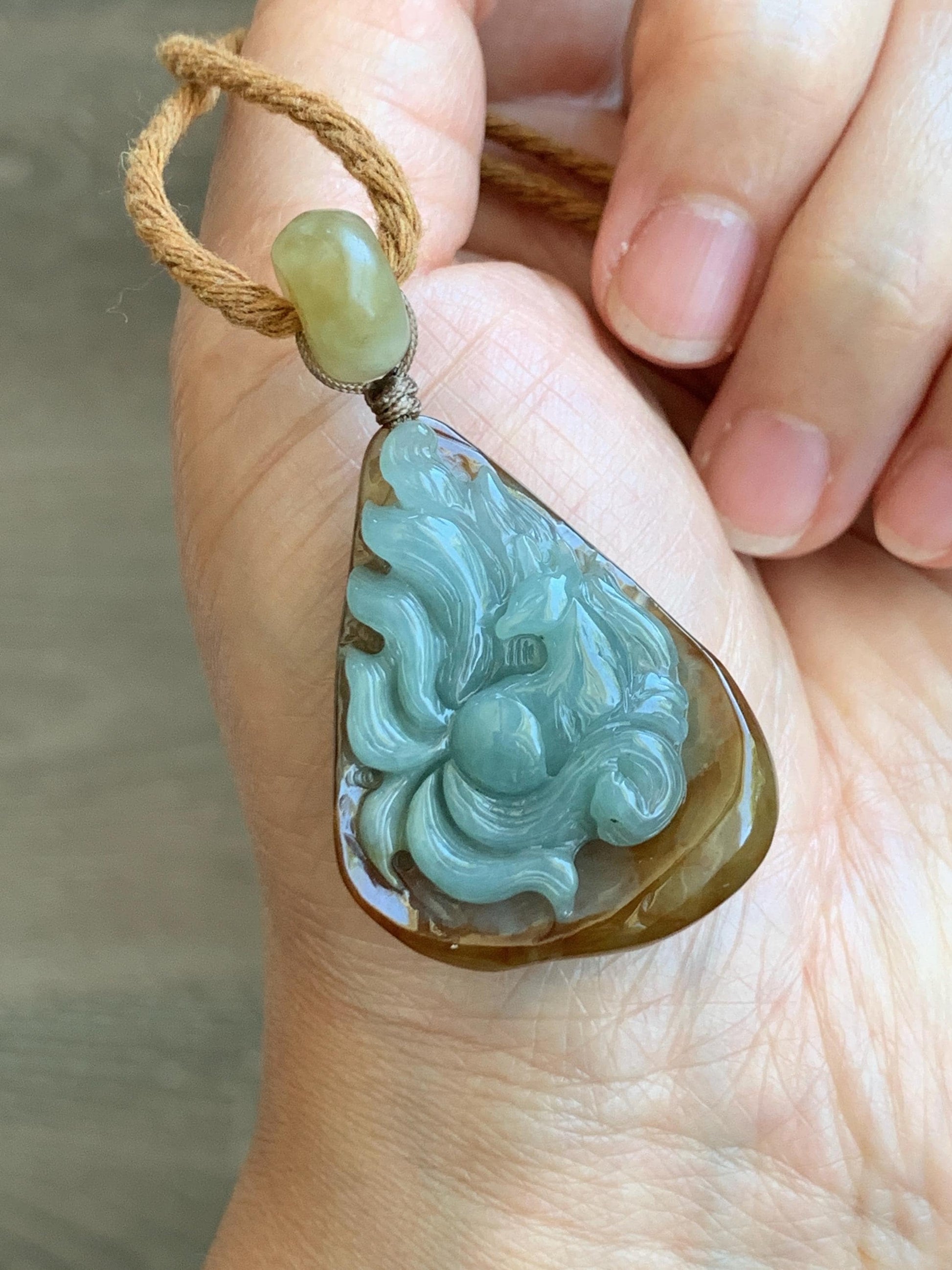 Natural Grade A Icy Translucent Red & Blue Jade Jadeite 3D Carved Nine-Tailed Fox Pendant Rope Necklace 26” 22g 天然冰红加蓝翡翠九尾狐吊坠项链 HPJ312