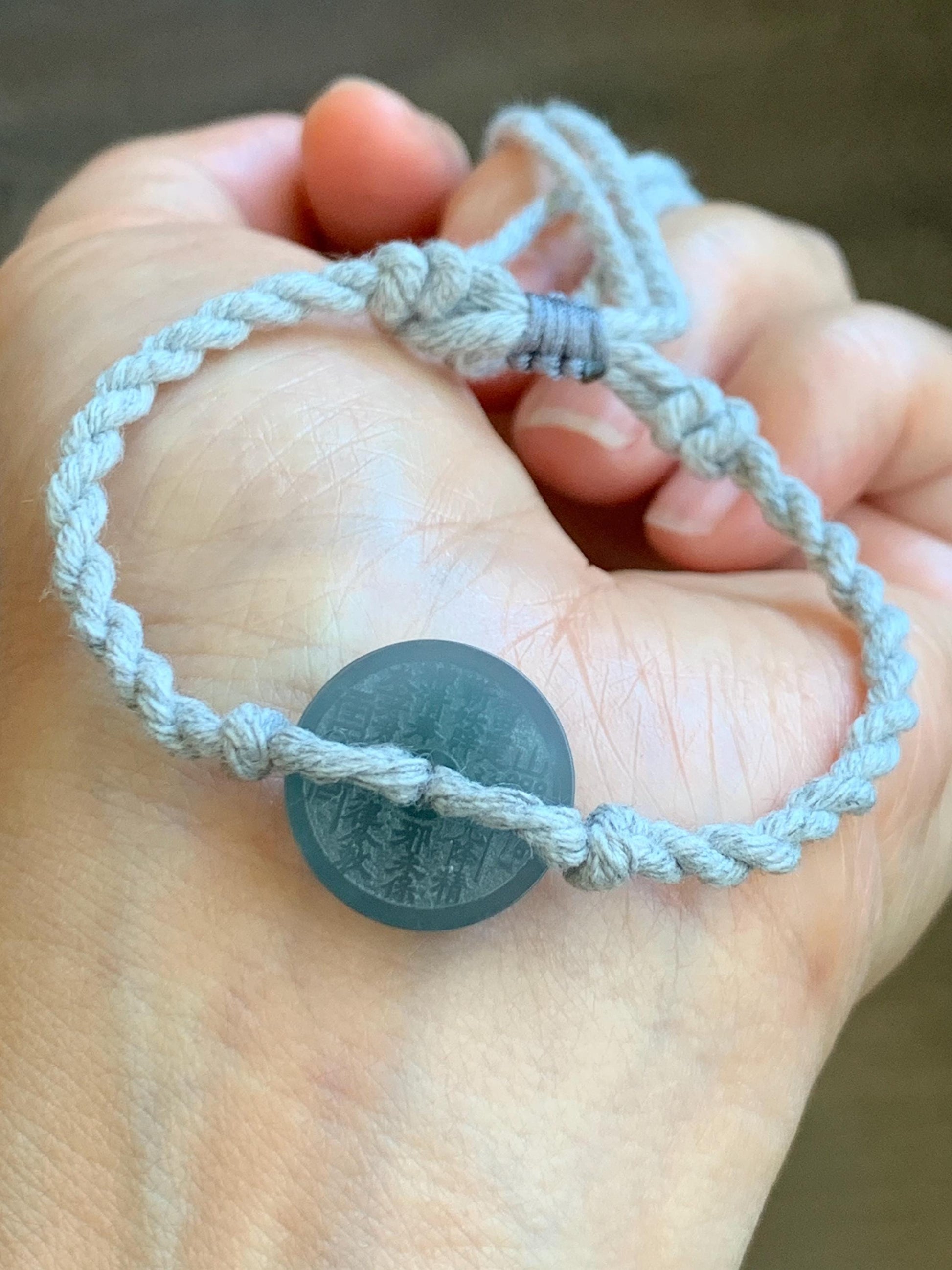 Natural Guatemalan Icy Translucent Light Blue Jadeite Mountain Ghost Eight Trigrams Coin Rope Bracelet Adjustable 6"-9" 天然冰危蓝翡翠山鬼护身符手绳