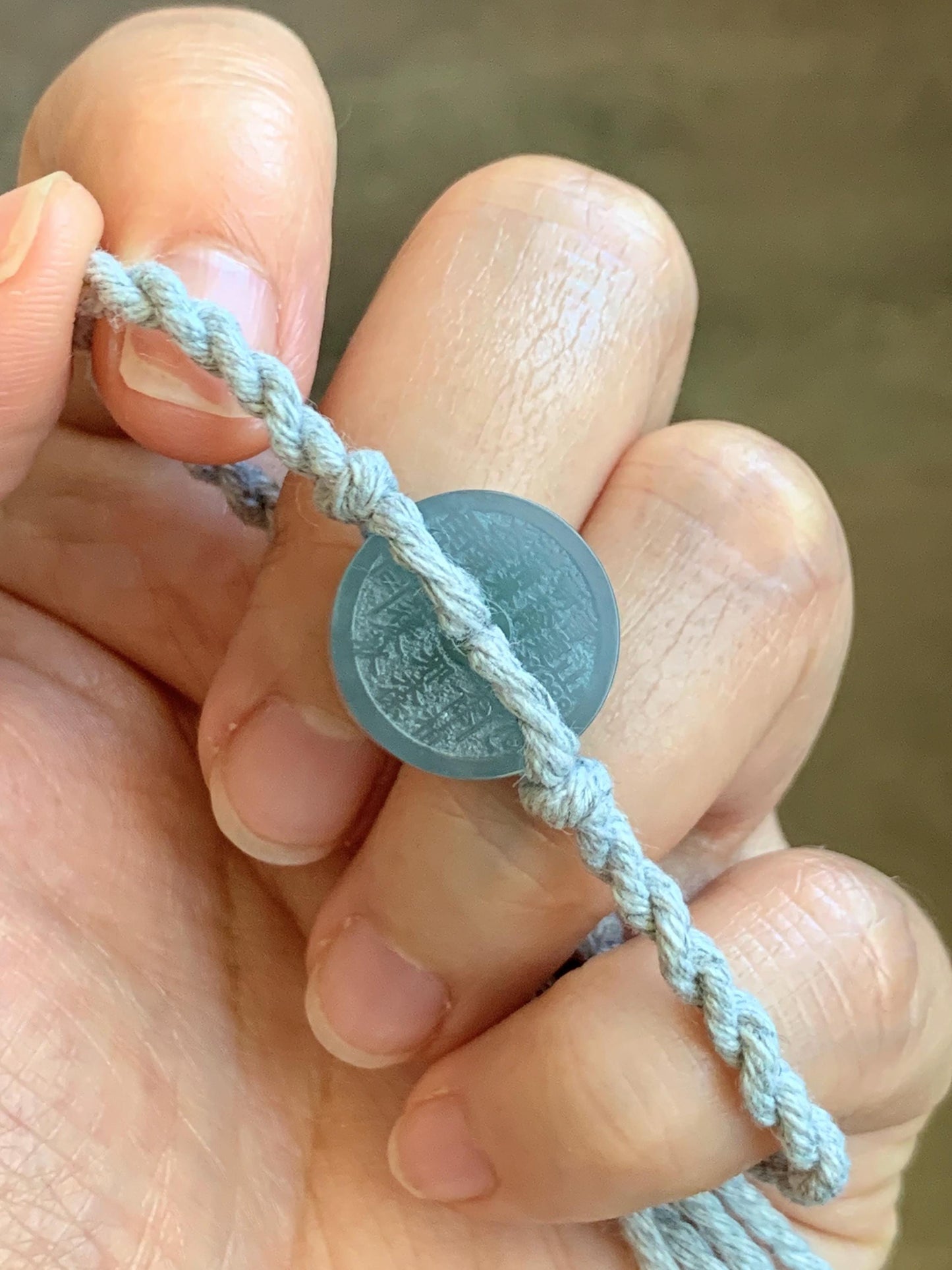 Natural Guatemalan Icy Translucent Light Blue Jadeite Mountain Ghost Eight Trigrams Coin Rope Bracelet Adjustable 6"-9" 天然冰危蓝翡翠山鬼护身符手绳