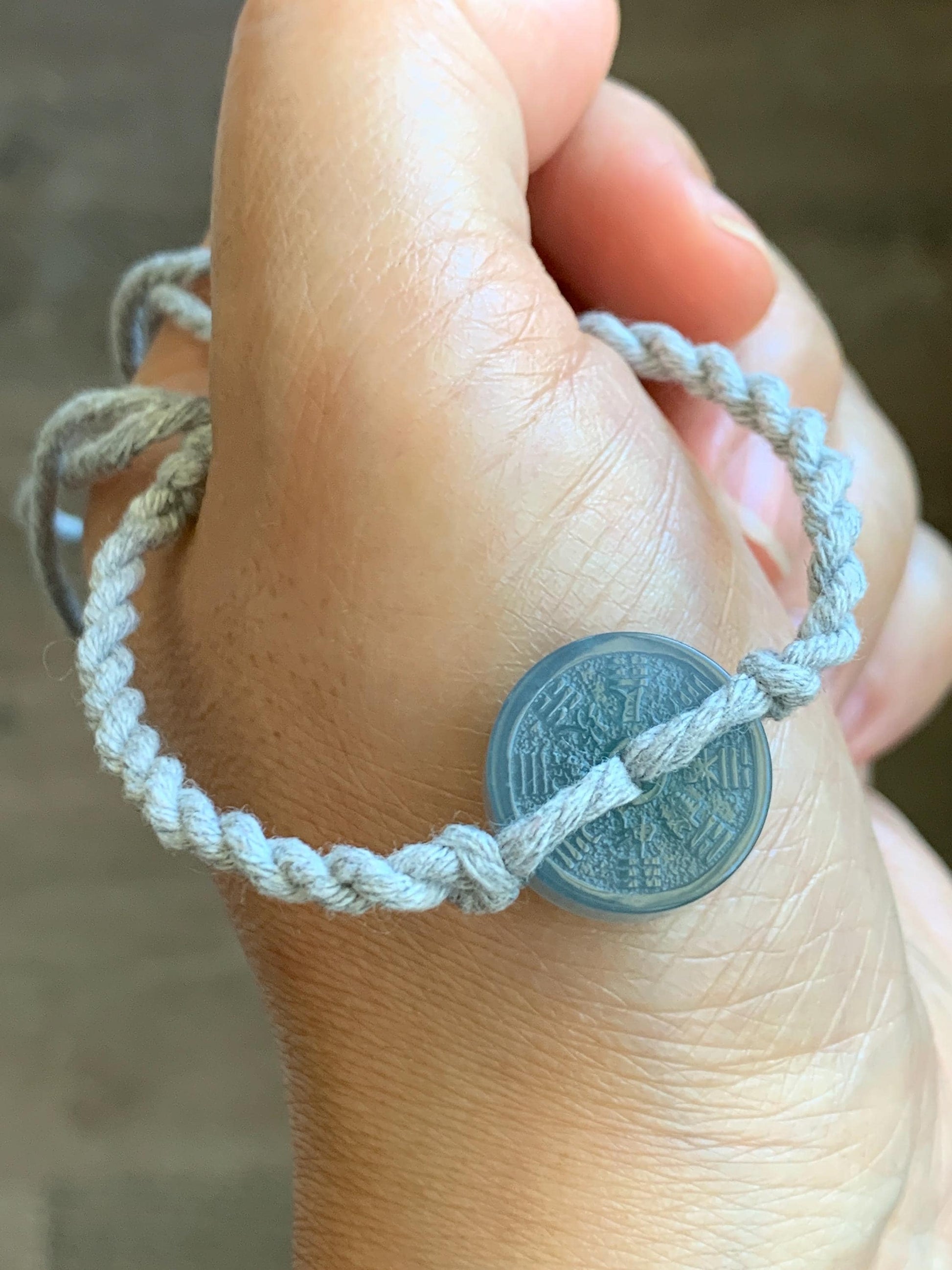 Natural Guatemalan Icy Translucent Light Blue Jadeite Mountain Ghost Eight Trigrams Coin Rope Bracelet Adjustable 6"-9" 天然冰危蓝翡翠山鬼护身符手绳