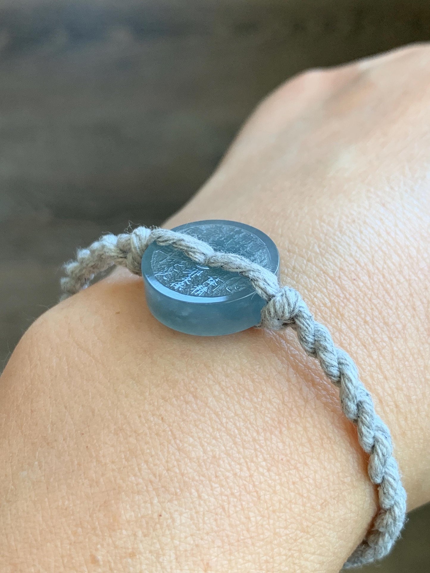 Natural Guatemalan Icy Translucent Light Blue Jadeite Mountain Ghost Eight Trigrams Coin Rope Bracelet Adjustable 6"-9" 天然冰危蓝翡翠山鬼护身符手绳