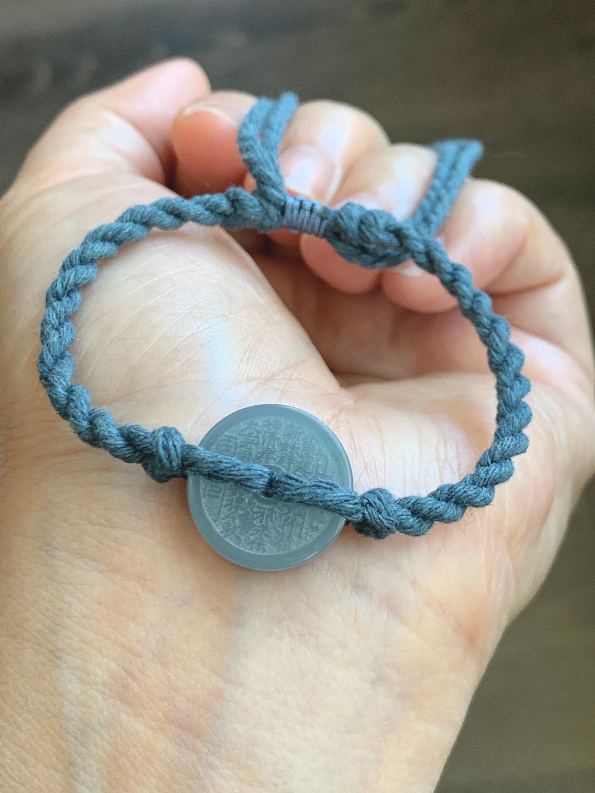 Natural Guatemalan Icy Translucent Dusty Blue Jadeite Mountain Ghost Eight Trigrams Coin Rope Bracelet Adjustable 6"-9" 天然冰危蓝翡翠山鬼护身符手绳